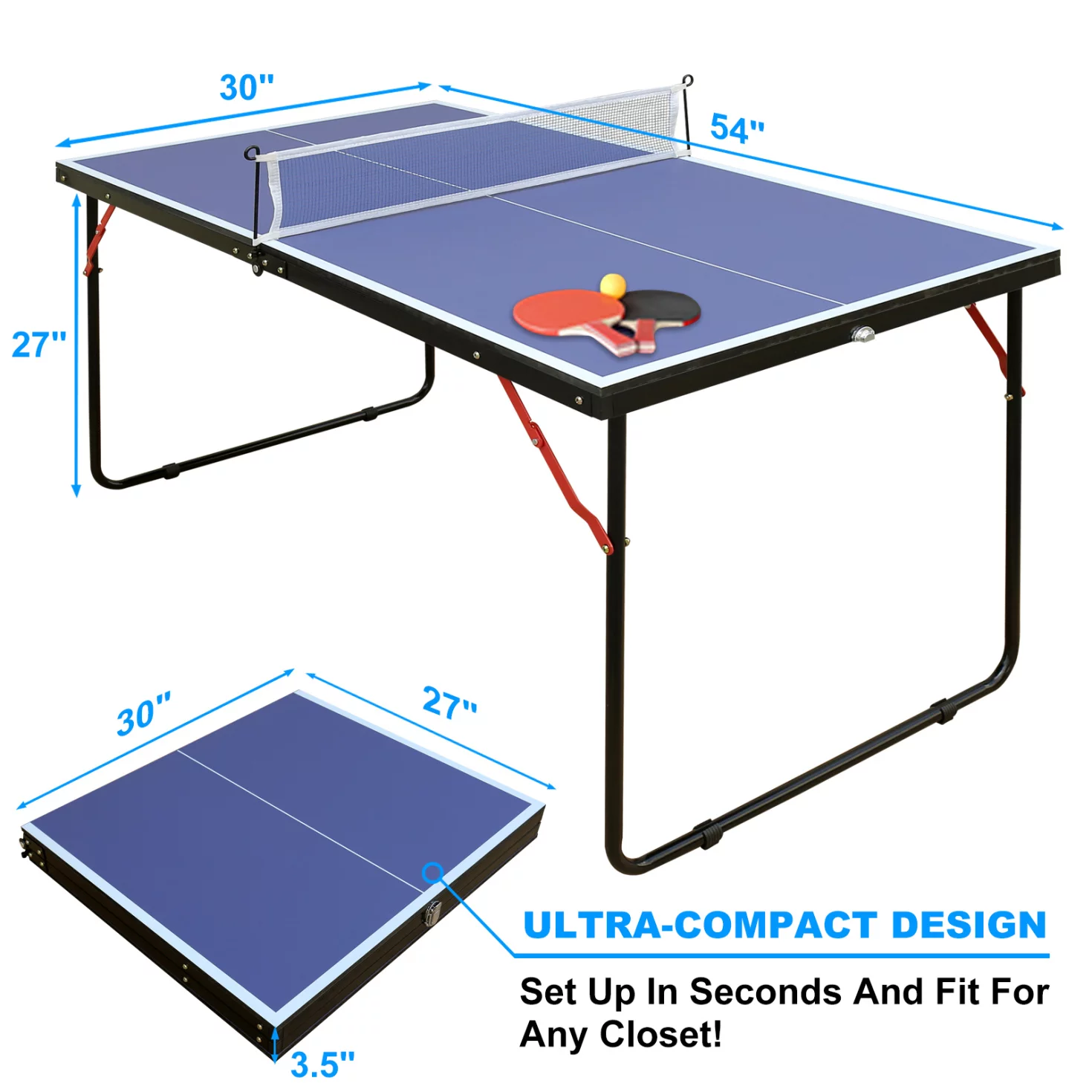 Mid-Size Foldable Ping Pong Table, Mid-Size Portable Table Tennis Table Set with Net, 2 Ping Pong Paddles and 3 Balls, for Indoor Outdoor Game, Noise Free,Blue