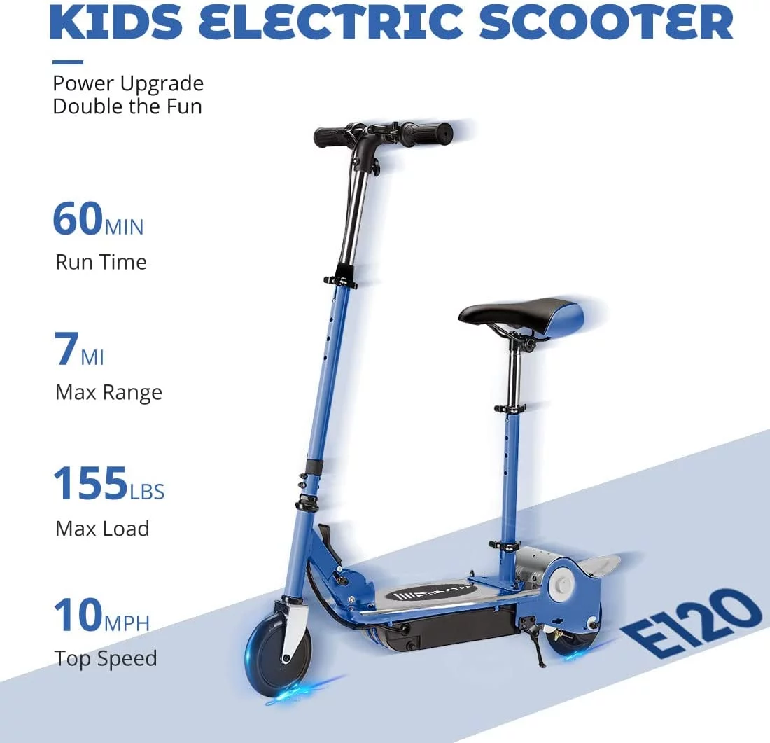 Maxtra Scooters E120 Folding Electric Scooter with Removable Seat for Kids Ages 6-12, Up to 10 mph, 155 Lb. Max Load