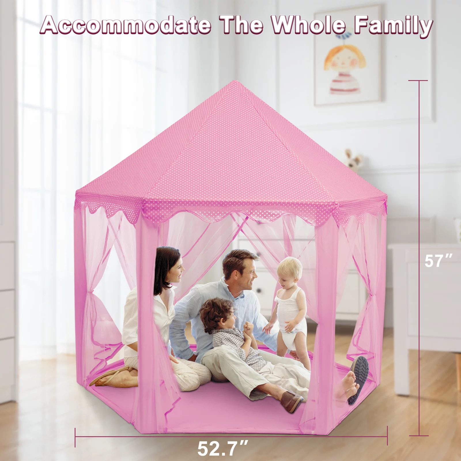 AOKESI Princess Castle Playhouse Tent for Girls, Outdoor Kids Play Tent with Fairy Star Lights, Large Princess Fairy Castle Pretend Play, Pink Tent Birthday Play Tent Toy Gifts for Kids