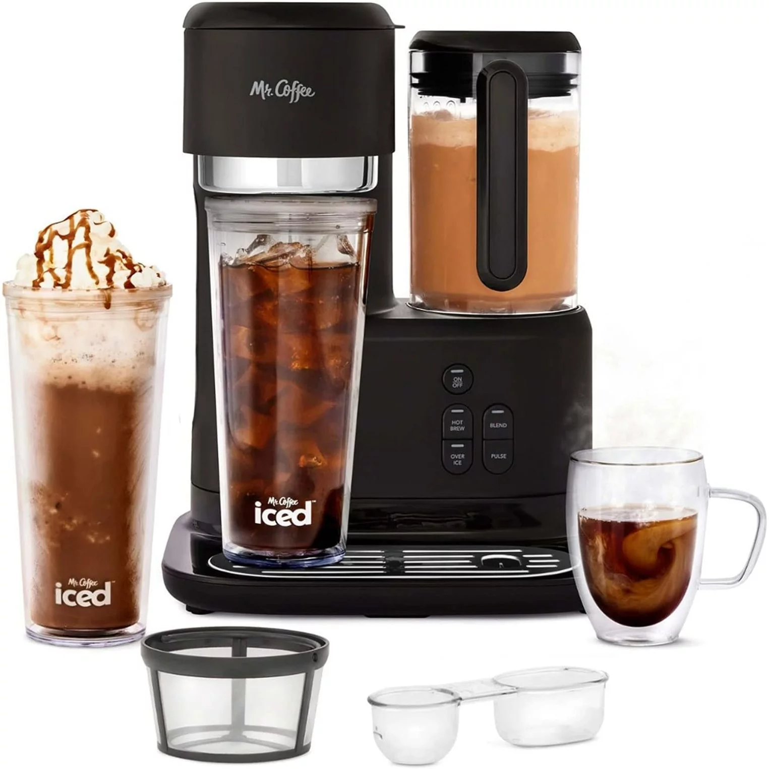 HTYSUPPLY Single-Serve 3-in-1 Iced and Hot Coffee and Tea Maker and Blender with Reusable Filter, , Recipe Book, 2 s, Lids and Straws