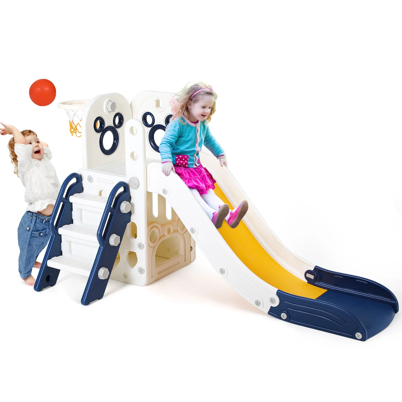 Arlopu Sturdy Toddler Slide with Basketball Hoop Plastic Kids Slide Climber with Anti-Slip Steps Indoor Outdoor Children Toy Playground