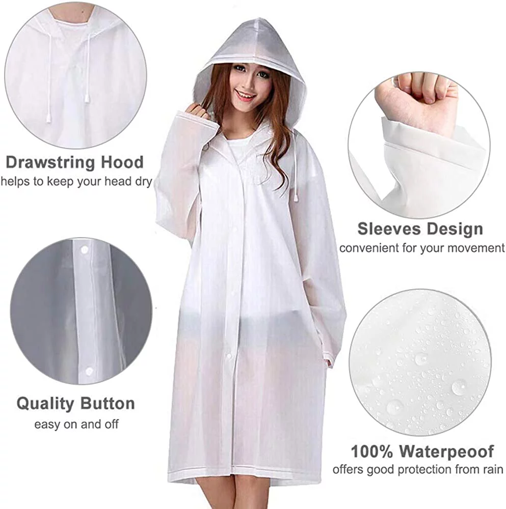 BN-LINK EVA Rain Ponchos for Adults Reusable, 2 Pack Raincoats Emergency for Women Men with Hood and Drawstring, White