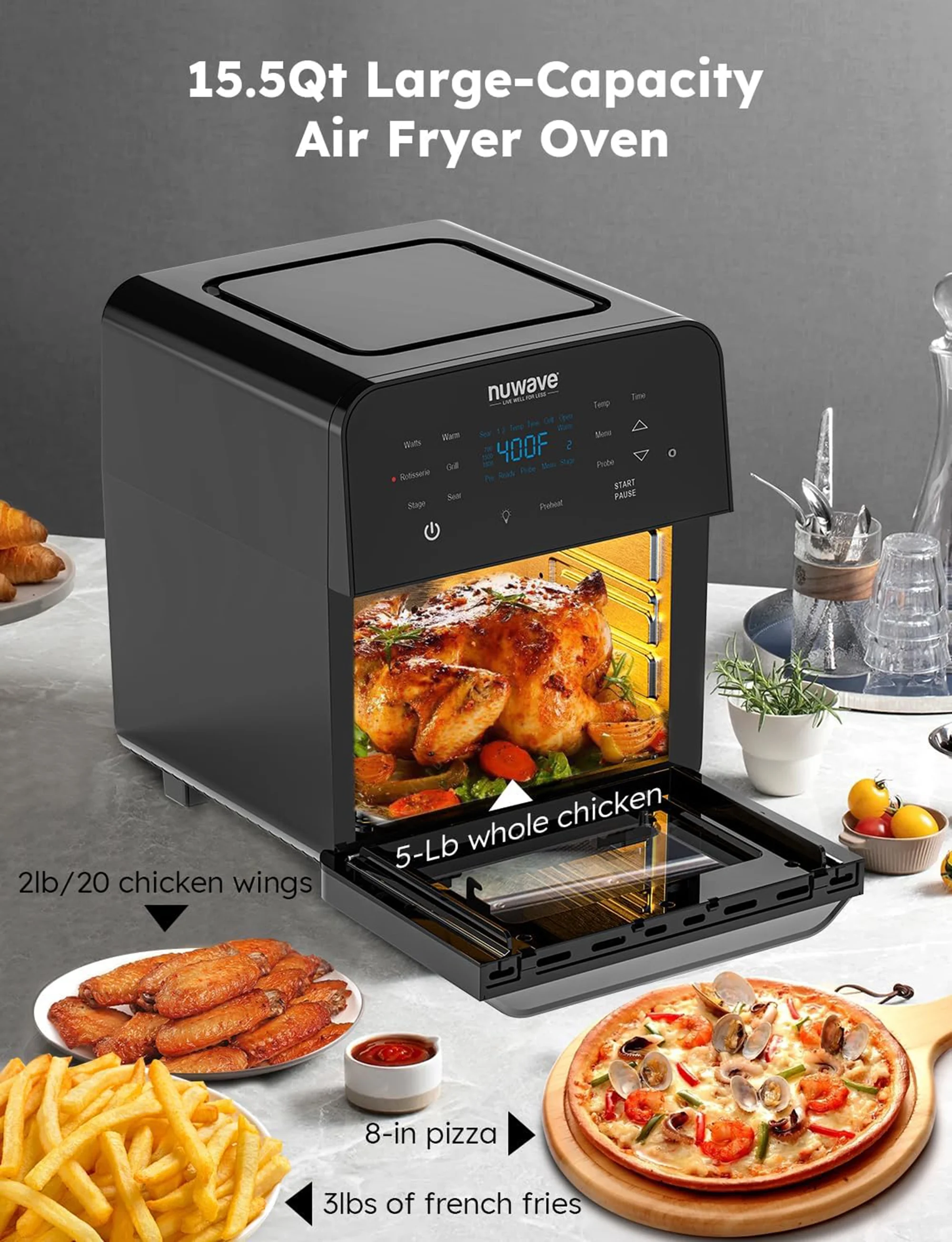 NuWave Brio 15.5-Quart Air Fryer Large Capacity Smart Oven, 1800W Convection Oven 50??F-425??F Temp Controls, 100 Presets & 50 Memory, Cooking