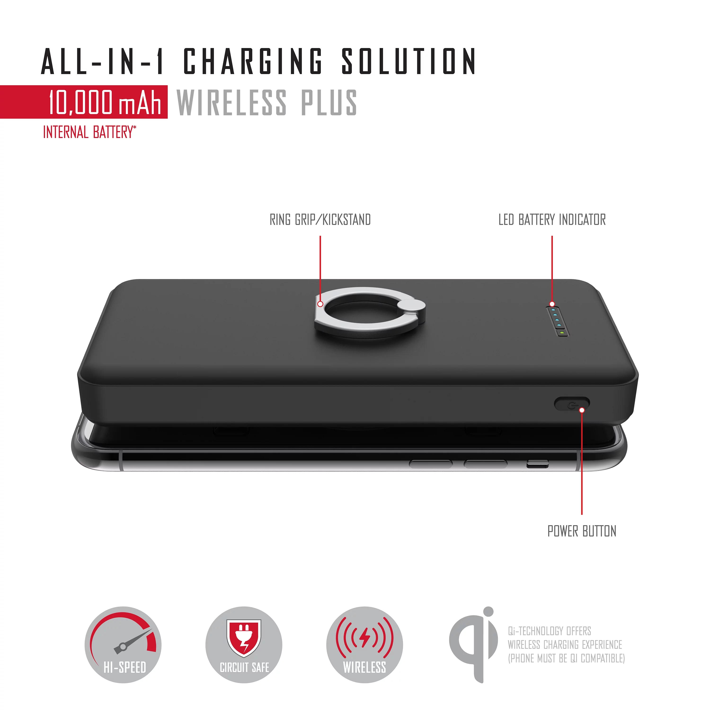 Pocket Juice 10K Plus, 3-in-1 10,000mAh Portable Charger with High-Speed Wireless Charging, Black