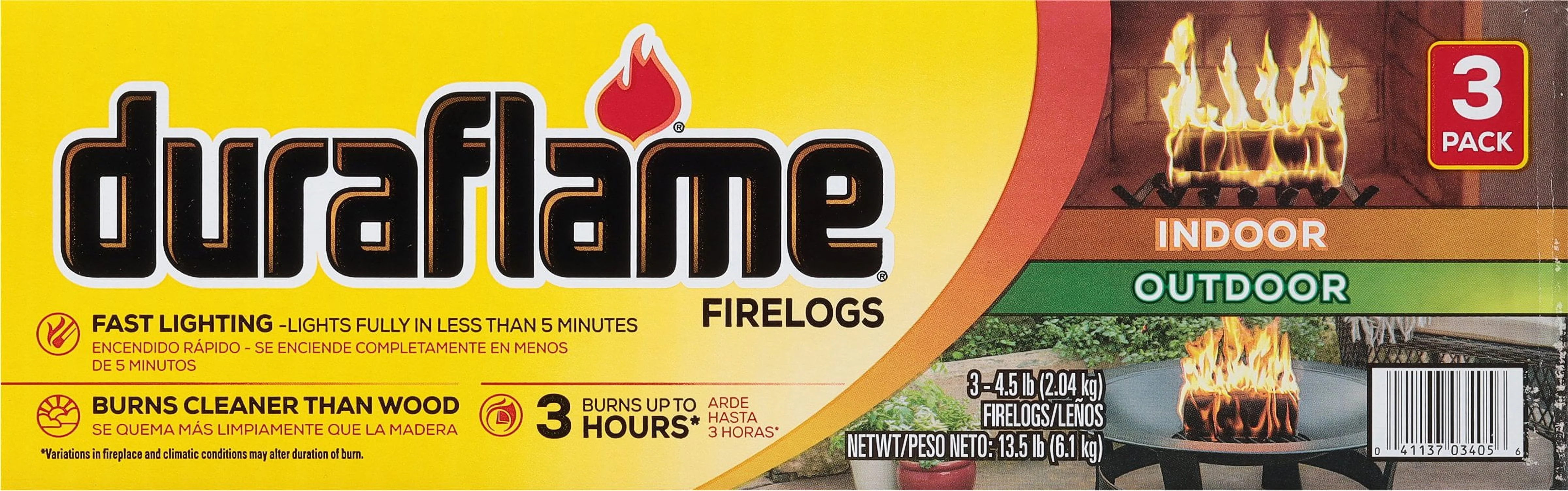 Duraflame 4.5lb Firelog 3 Pack, 3 Hour Burn, Indoor/Outdoor Use