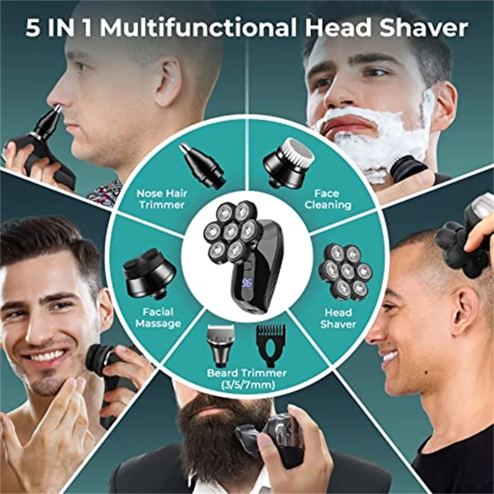 KENSEN 7D Head Shaver 5 in 1 Bald Head Shavers for Men Electric Razor, Waterproof Wet/Dry Mens Grooming Kit with Beard Clippers Nose Trimmer