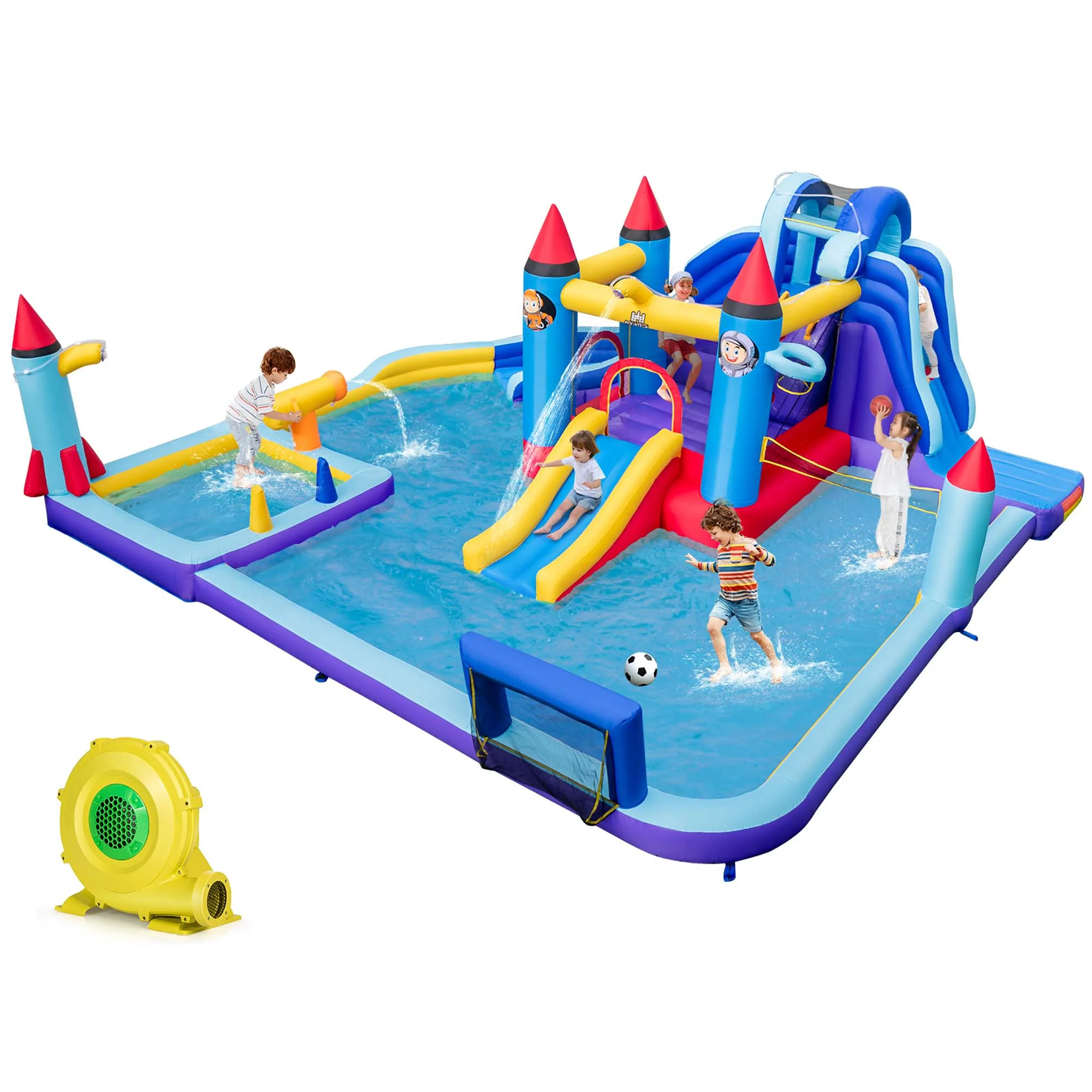 Costway Rocket Theme Inflatable Water Slide Park with 2 Slides Splash Pool without Blower