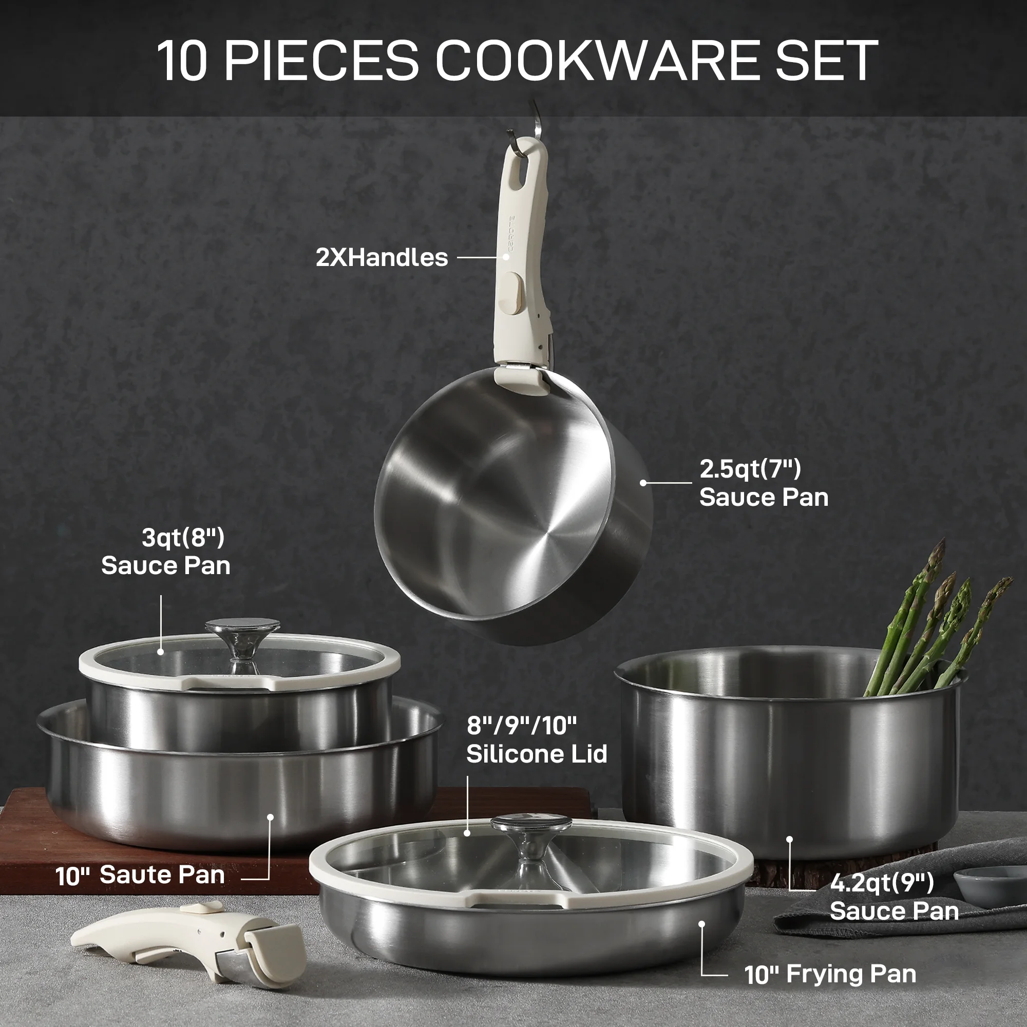 Carote Nonstick Cookware Sets, 5 Pcs Granite Non Stick Pots and Pans Set with Removable Handle