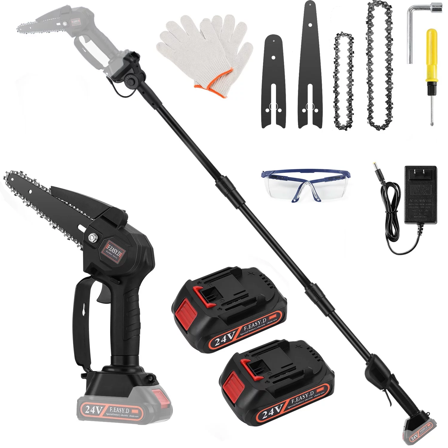 2-in-1 Cordless Pole Saw, Mini Chainsaw & Cordless Pole Saw 6inch 4inch, with Retractable Extension Rod Max Length 6 Feet, with 2 Replaceable 24V Batteries for Tree Trimming