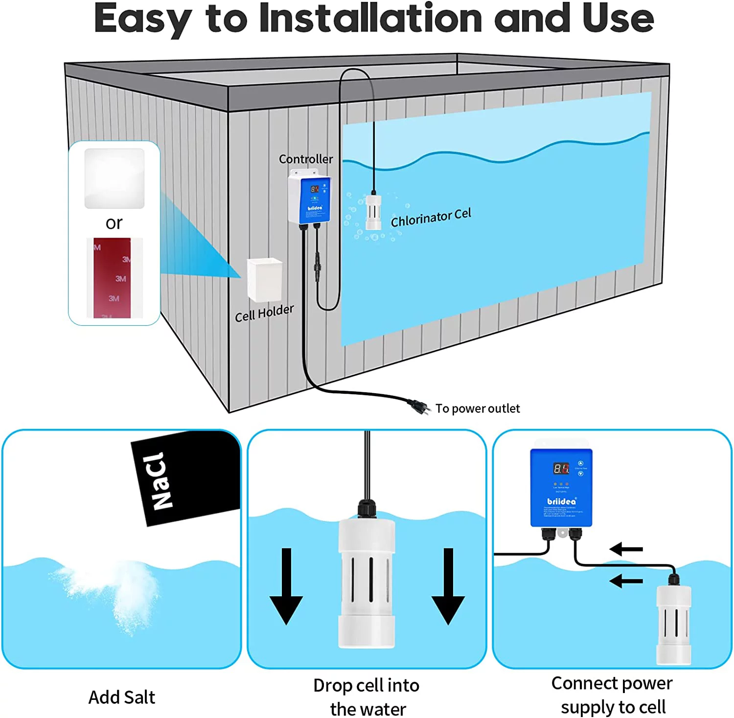 Briidea Chlorine Generator with USA Titanium Salt Cell, for Hot Tubs & Swim Spas, up to 2000 Gallons