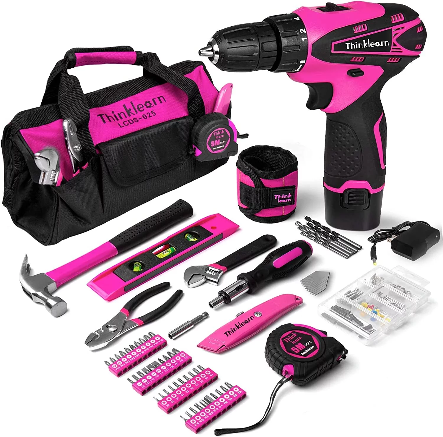 ThinkLearn Pink Drill Set for Women, 137 Piece Hand and Power Tool Set with 12V Cordless Drill