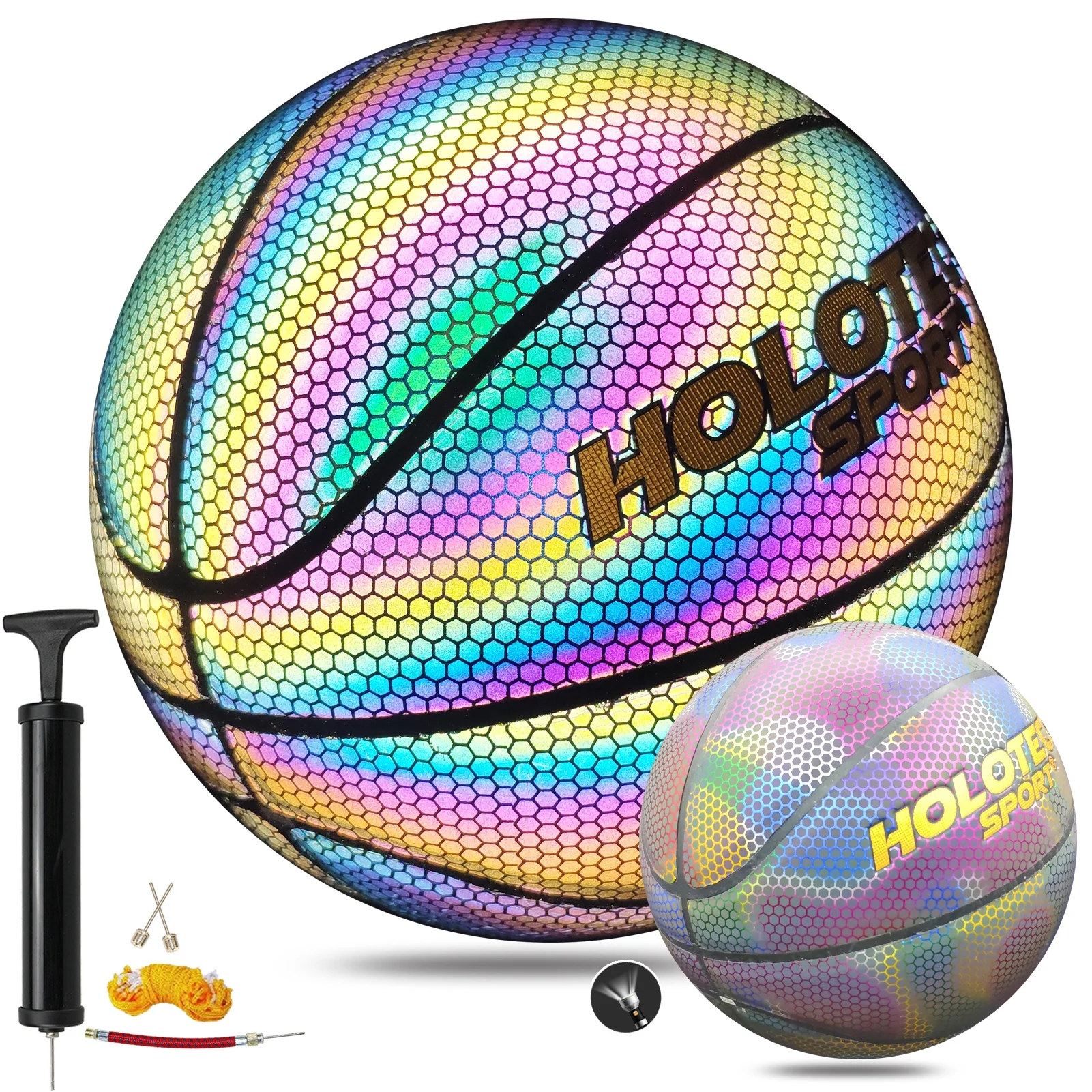 KPASON Basketball, Holographic Basketball Size 5 (27.5″) & Size 7 (29.5″) for Kids & Adults, Reflective Glowing Composite Leather Basketball, Indoor Outdoor Night Basketball Gifts for Boys Girls