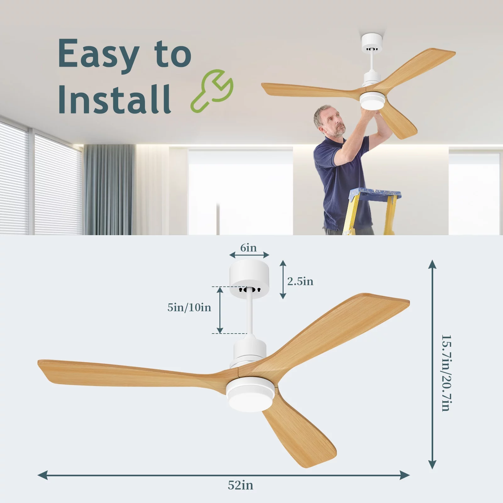 XAUJIX 52” Ceiling Fan with Light and Remote Control, Flush Mount Ceiling Fan 6-Speed Reversible Airflow 3 Wood Fan Blades, Walnut