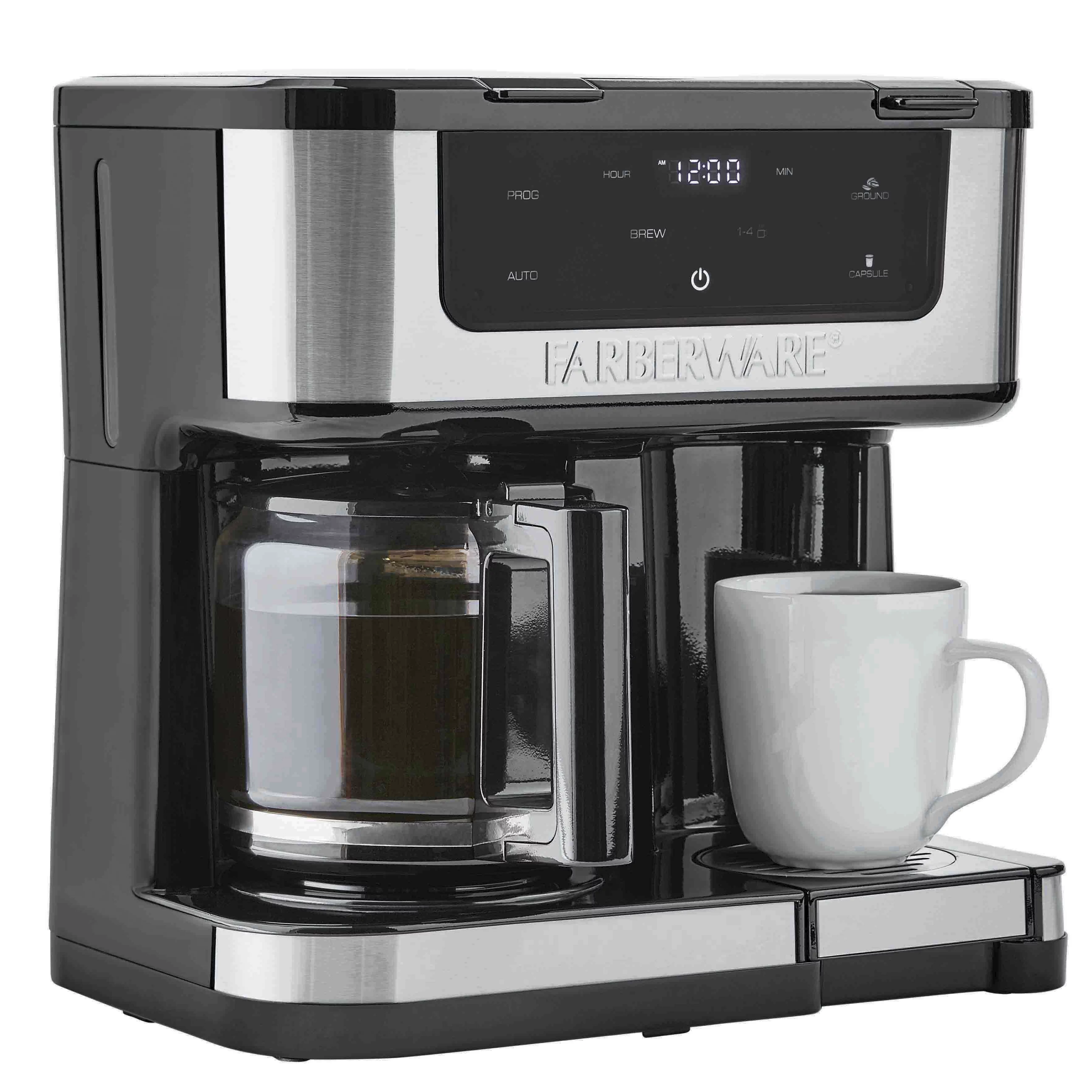 Farberware Side by Side Single Serve or 12 Cup Coffee Maker, Black with Stainless Inset, New