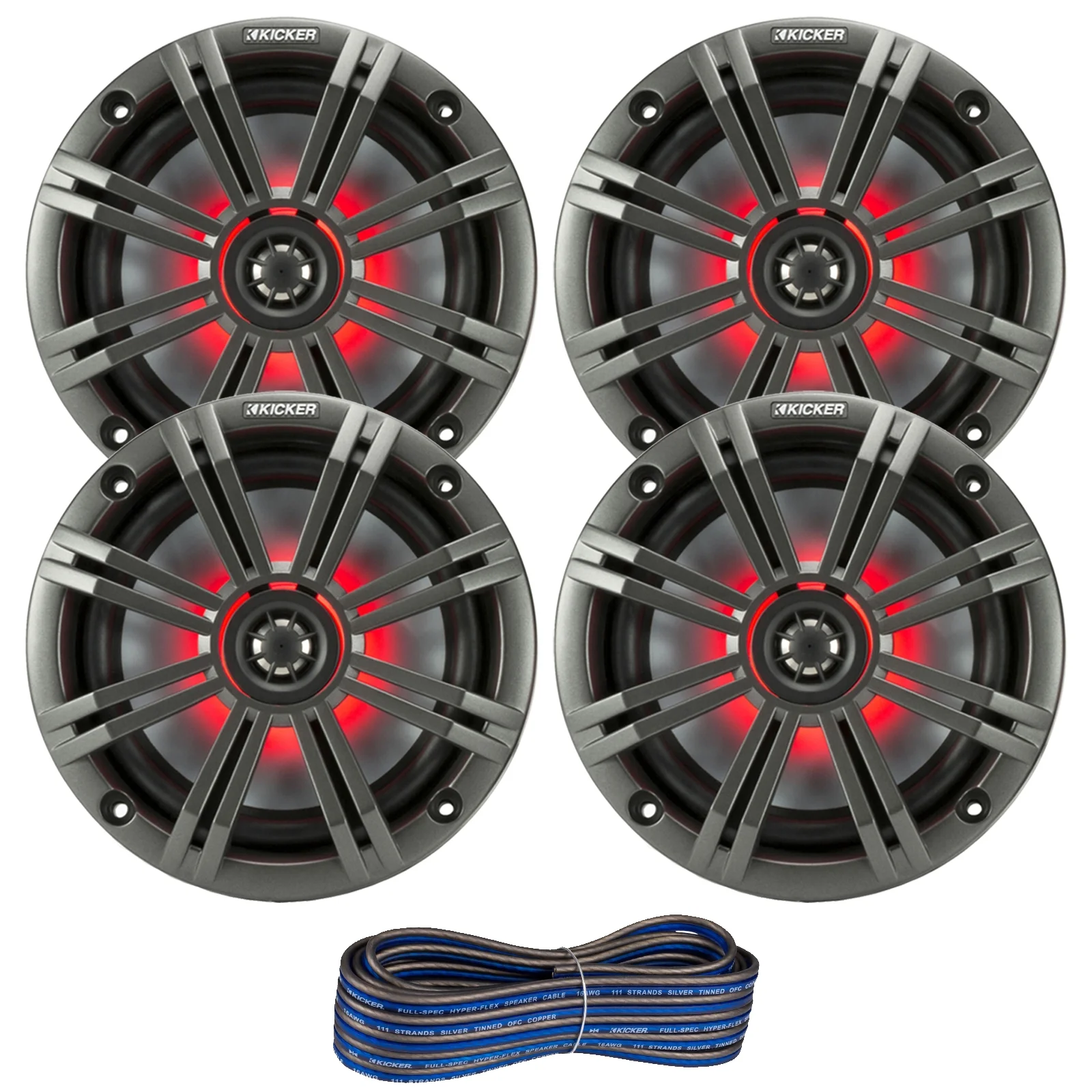 2 Pair (QTY 4) of Kicker 6.5″ 2-Way 195 Watts Max Power Coaxial Marine Audio MultiColor LED Speakers with White Grilles, 50-Feet 16 Gauge Speaker Wire