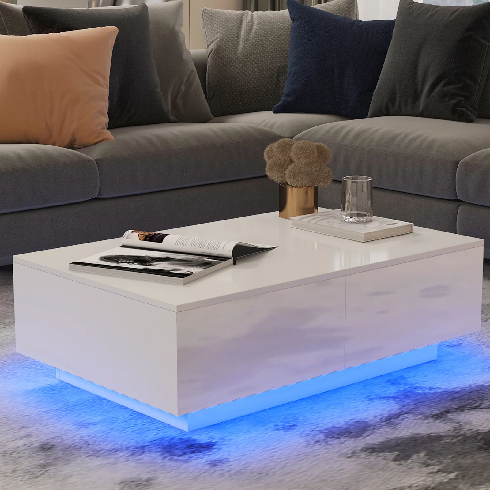 Hommpa Coffee Table with 4 Drawers LED Center Cocktail Table White High Gloss Finish