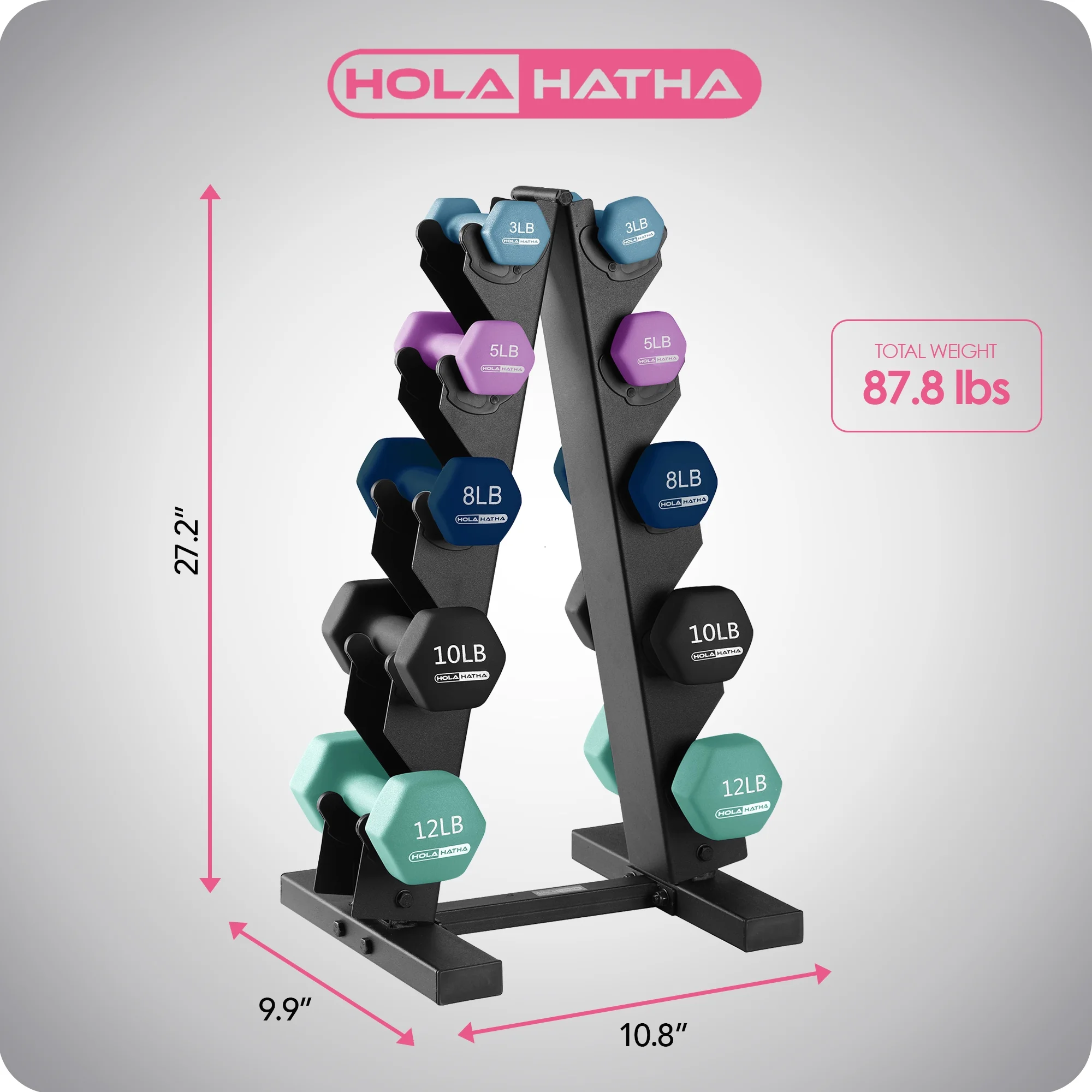 HolaHatha 3, 5, 8, 10, and 12 Pound Neoprene Dumbbell Weight Set with Rack