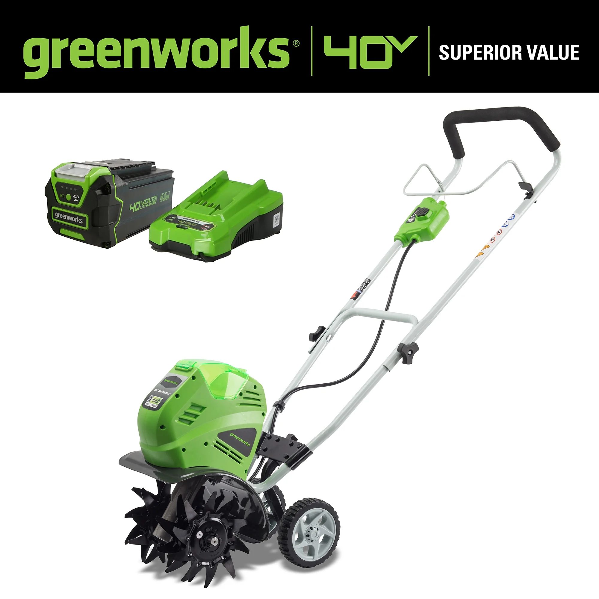 Greenworks 40V 10-inch Cordless Cultivator/Tiller with 40 Ah Battery and Charger, 27062