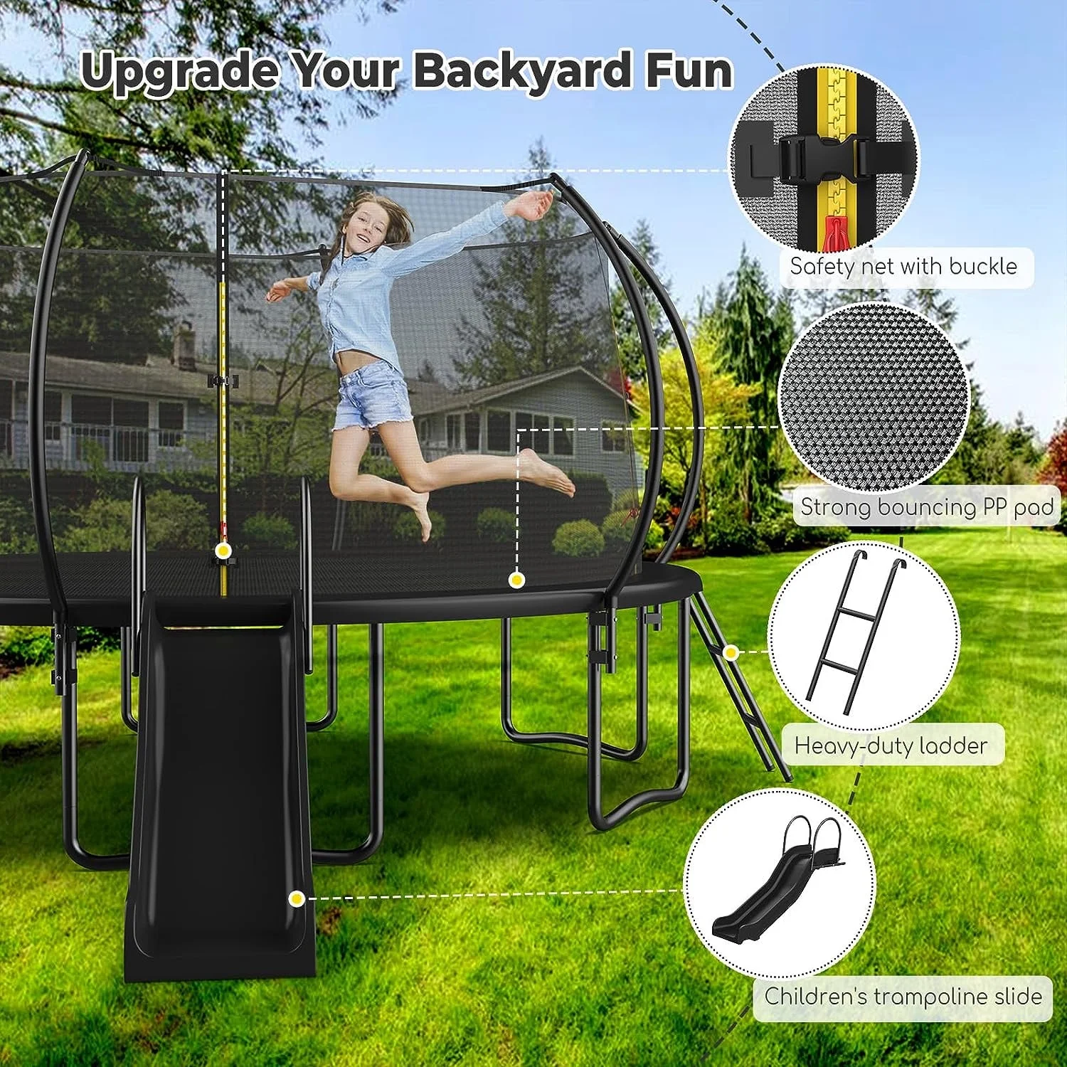 Jump Into Fun Trampoline with Enclosure, 16FT 1400LBS Trampoline for 2-3 Adults/ 7-8 Kids, Trampoline with Slide and Ladder, Pumpkin Trampoline with Curved Poles Recreational Backyard Trampoline