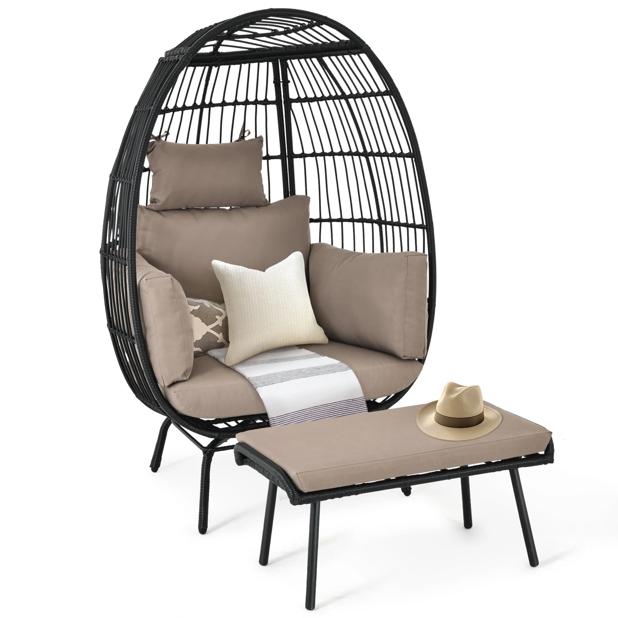 Dextrus Wicker Egg Chair Outdoor Indoor Oversized Lounger with Stand and Cushions Egg Basket Chair for Patio Backyard Porch – Beige