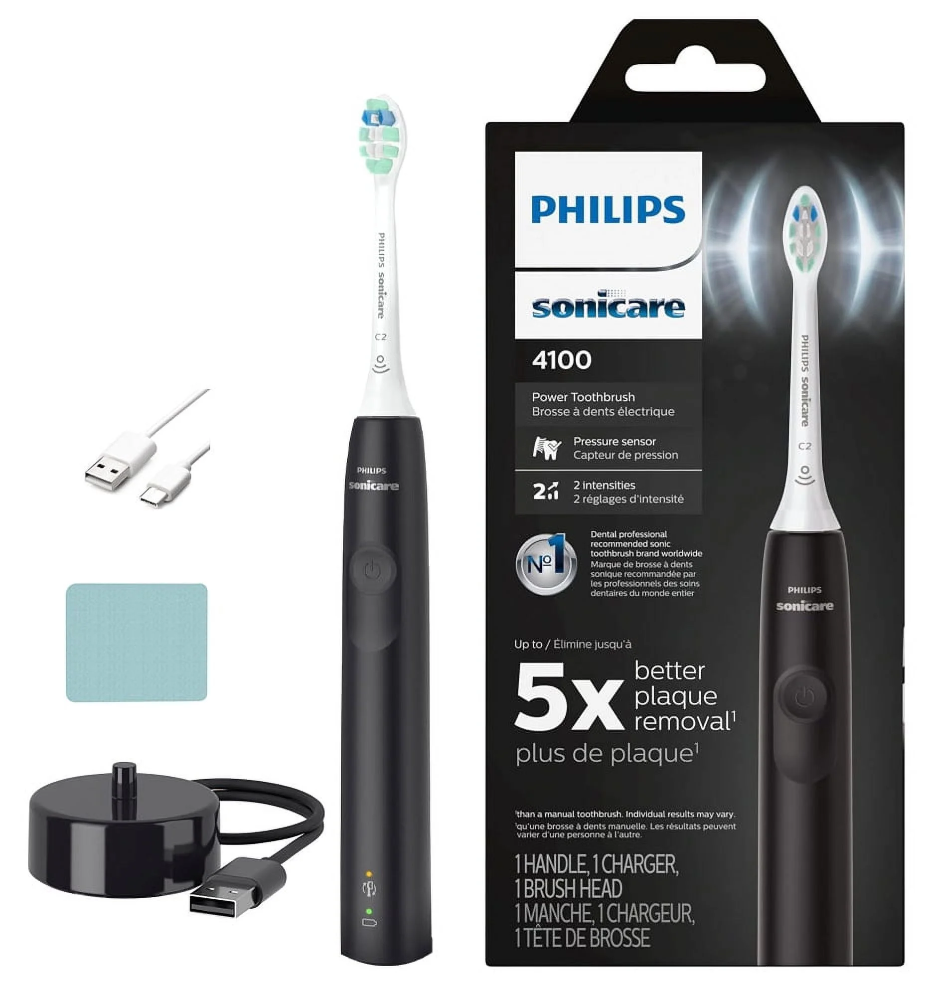 Philips Sonicare Electric Toothbrush Clean 4100 Rechargeable Tooth Brush with Pressure Sensor, Sonic Electronic Toothbrush, Black + Tigology Accessories