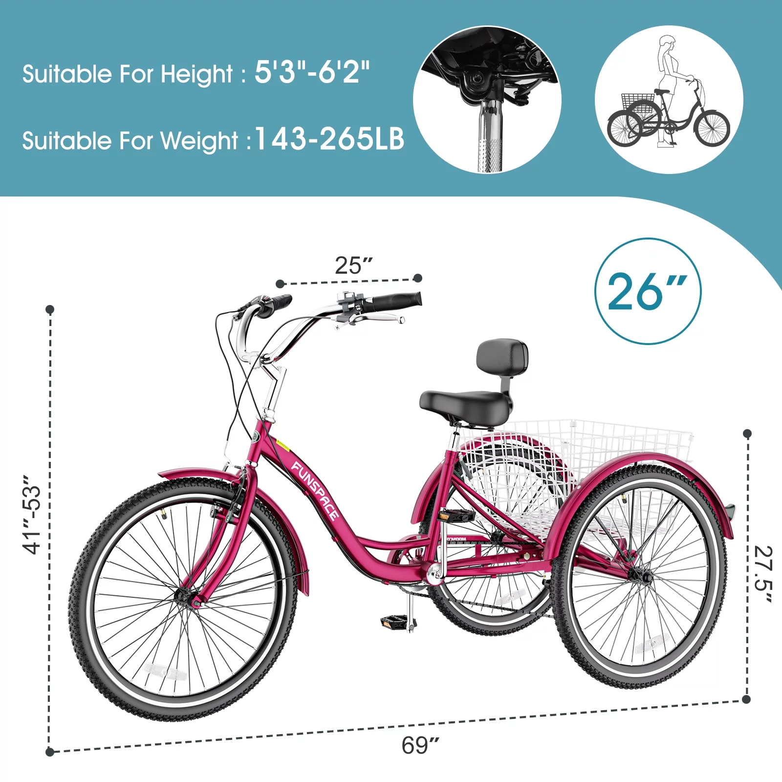 NAIZEA Adult Tricycle 7 Speed Adult Trikes 26″ 3 Wheel Bikes,Bike Seat with Backrest,Low Step Widened Aluminum Frame for Men, Women, Seniors