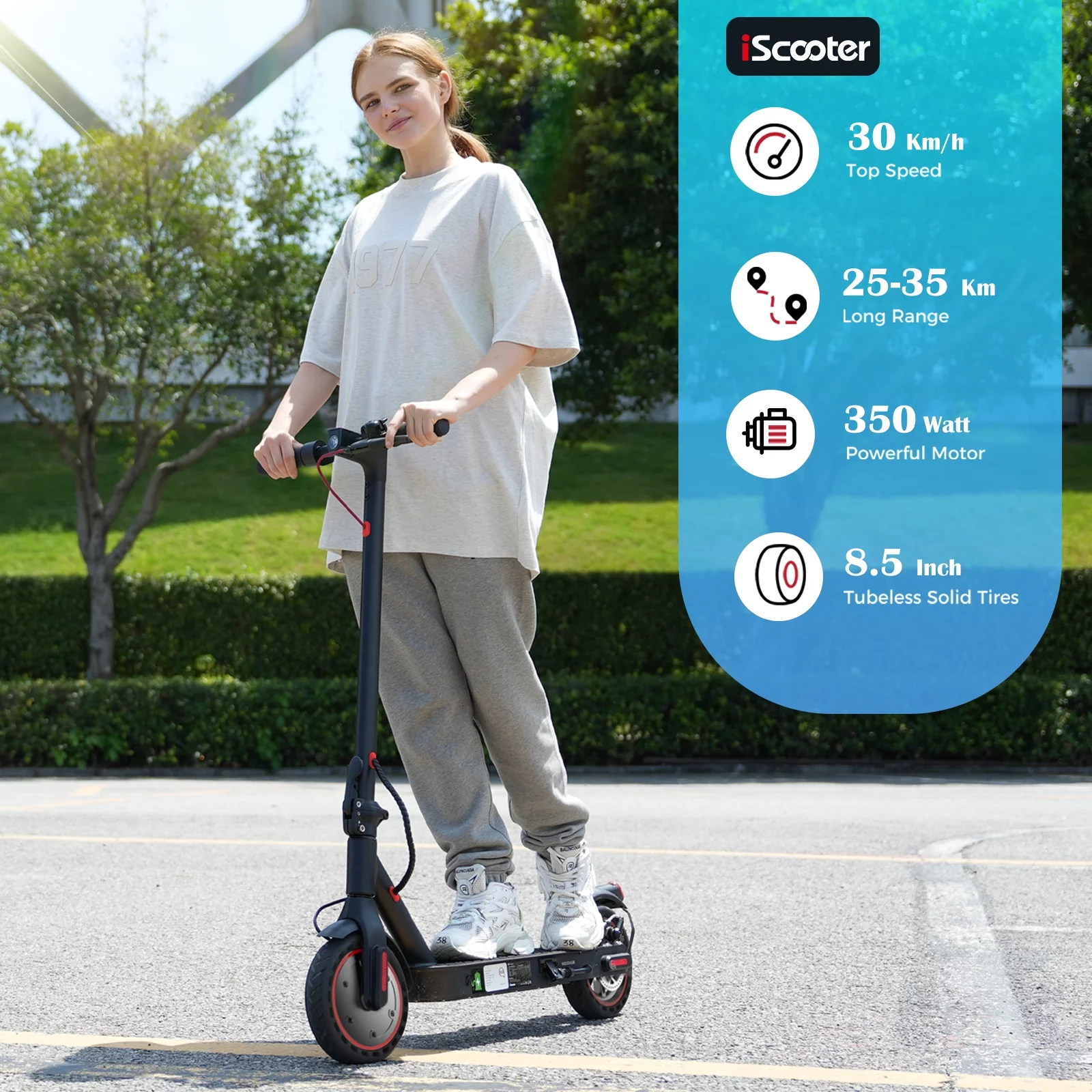 iScooter Electric Scooter,12-21 Miles Range, 19 MPH Top Speed, 350W Foldable Commuting Electric Scooter with Double Braking System and APP for Adults and Teens