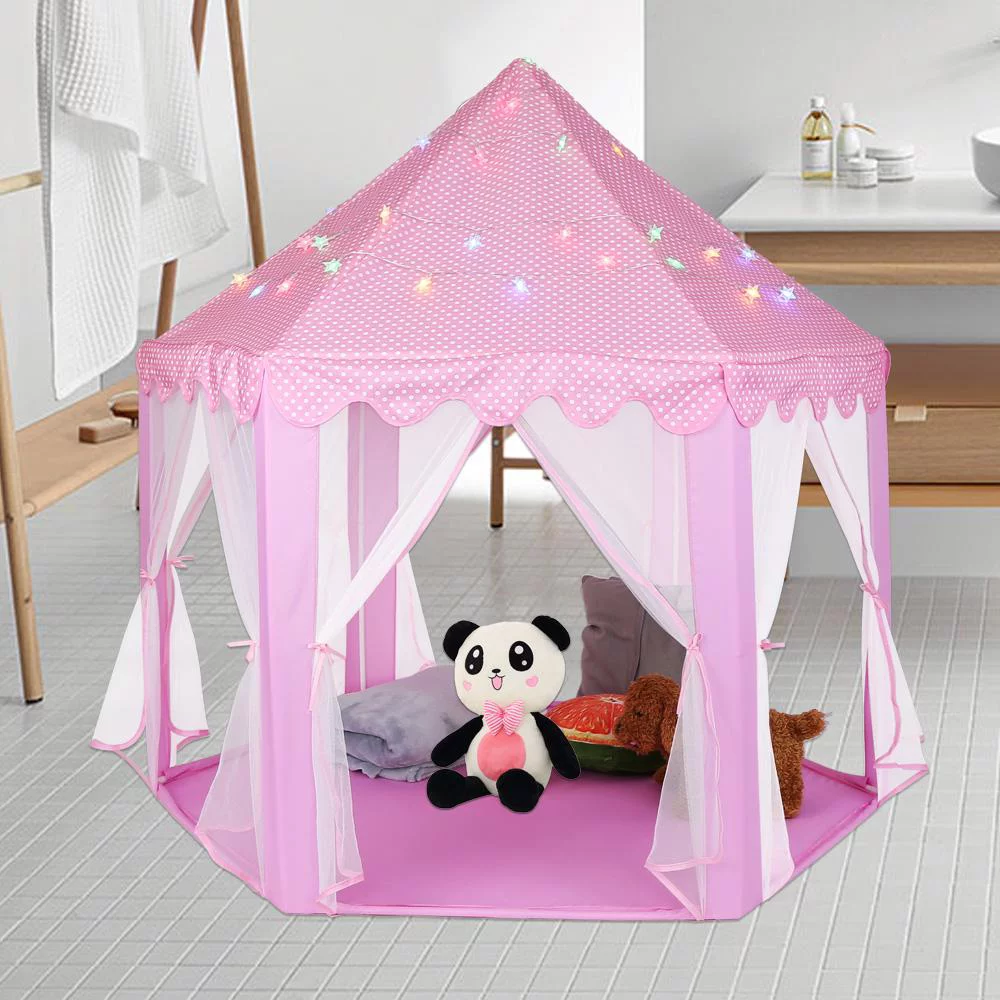 Tebru Kids Play Tents, Princess Castle Play Tent Girls Playhouse Toy Game House with a String of 40 Lights, Pink, Tent for Girls