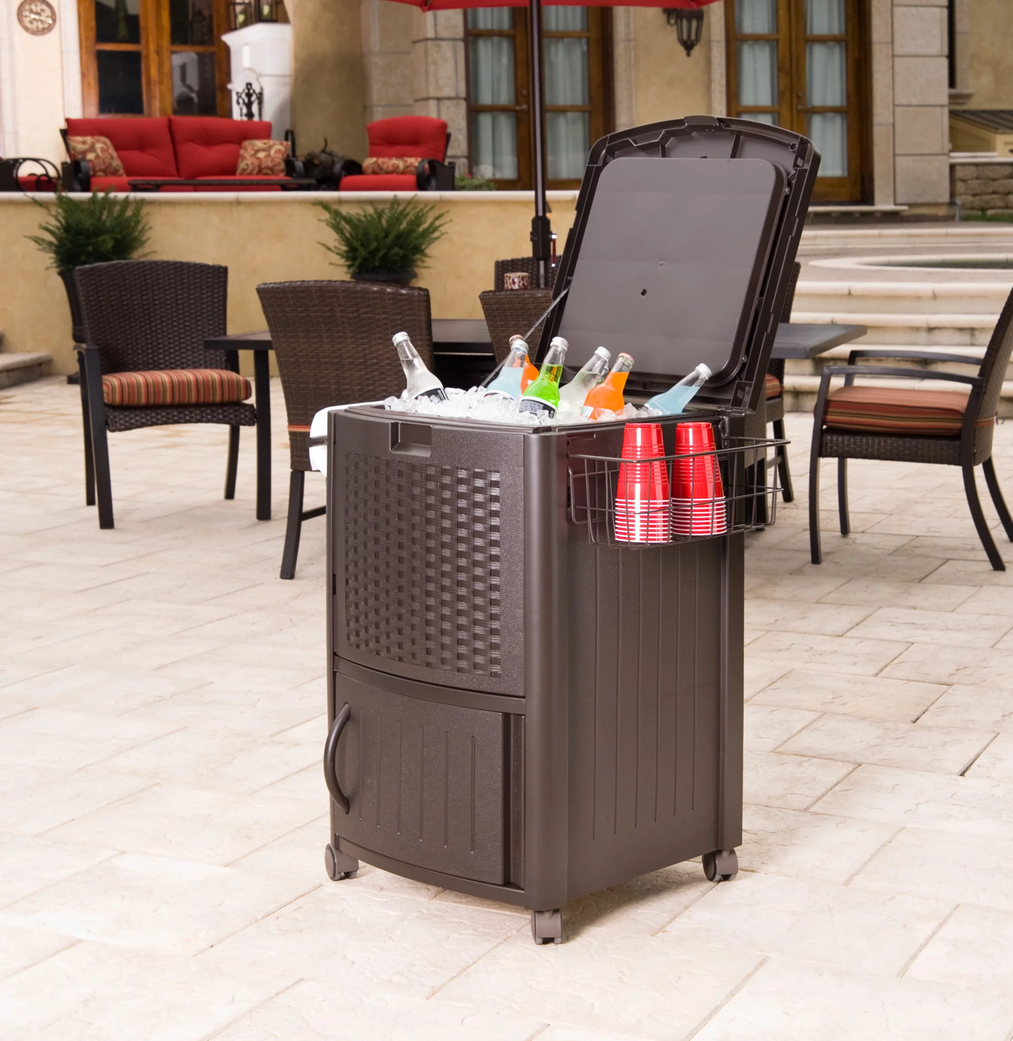 Suncast DCCW3000D 77 Quart Resin Wicker Patio Cooler with Cabinet & Wire Basket