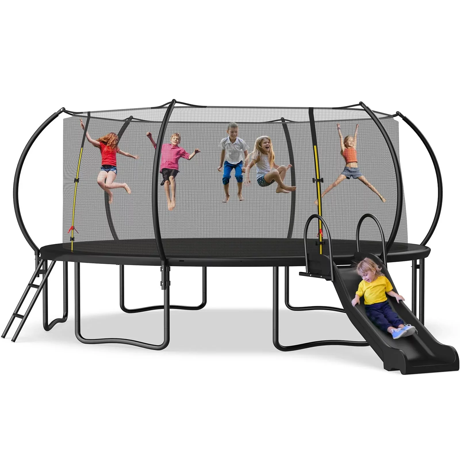 Jump Into Fun Trampoline with Enclosure, 16FT 1400LBS Trampoline for 2-3 Adults/ 7-8 Kids, Trampoline with Slide and Ladder, Pumpkin Trampoline with Curved Poles Recreational Backyard Trampoline