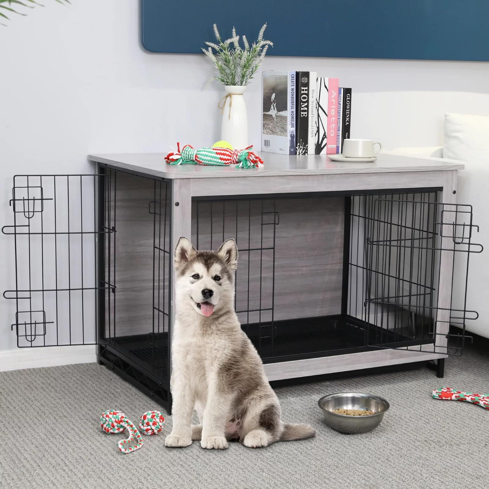 Pirecart Large Dog Crate Furniture Pet Cage Dog Kennel End Table with Double Door, Removable Tray