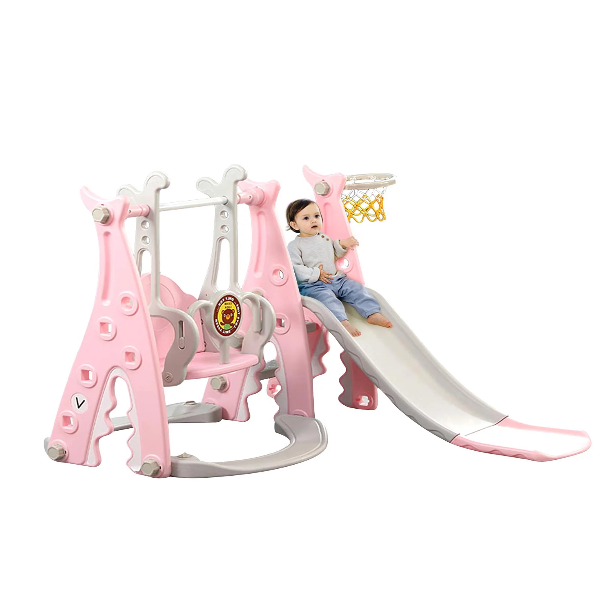 Ealing Slide and Swing Set for Toddler Age 1- 3 Years,4-in-1 Toddles Extra-Large Playset Playground Indoor and Outdoor Swing Slide Climber Playset w/Basketball Hoop,Pink