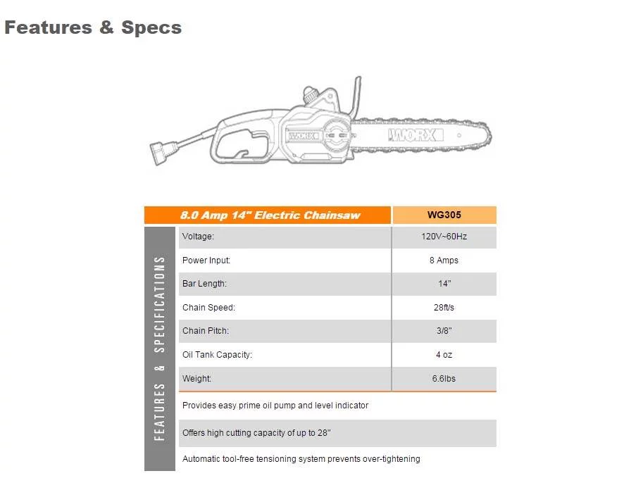 WORX WG305 8.0 Amp 110 Volt 14″ Lightweight Durable Electric Chainsaw