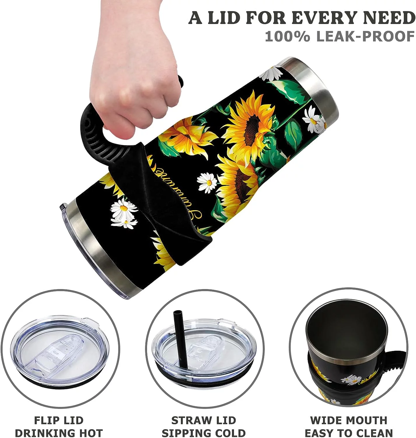 aoselan 40 oz Tumbler with Handle and Straw Leak Proof 40 oz Sunflower Cup Insulated Stainless Steel Coffee Travel Mug 40oz Sunflower Slim Tumbler with Handle Sunflower Decor Gift for Women