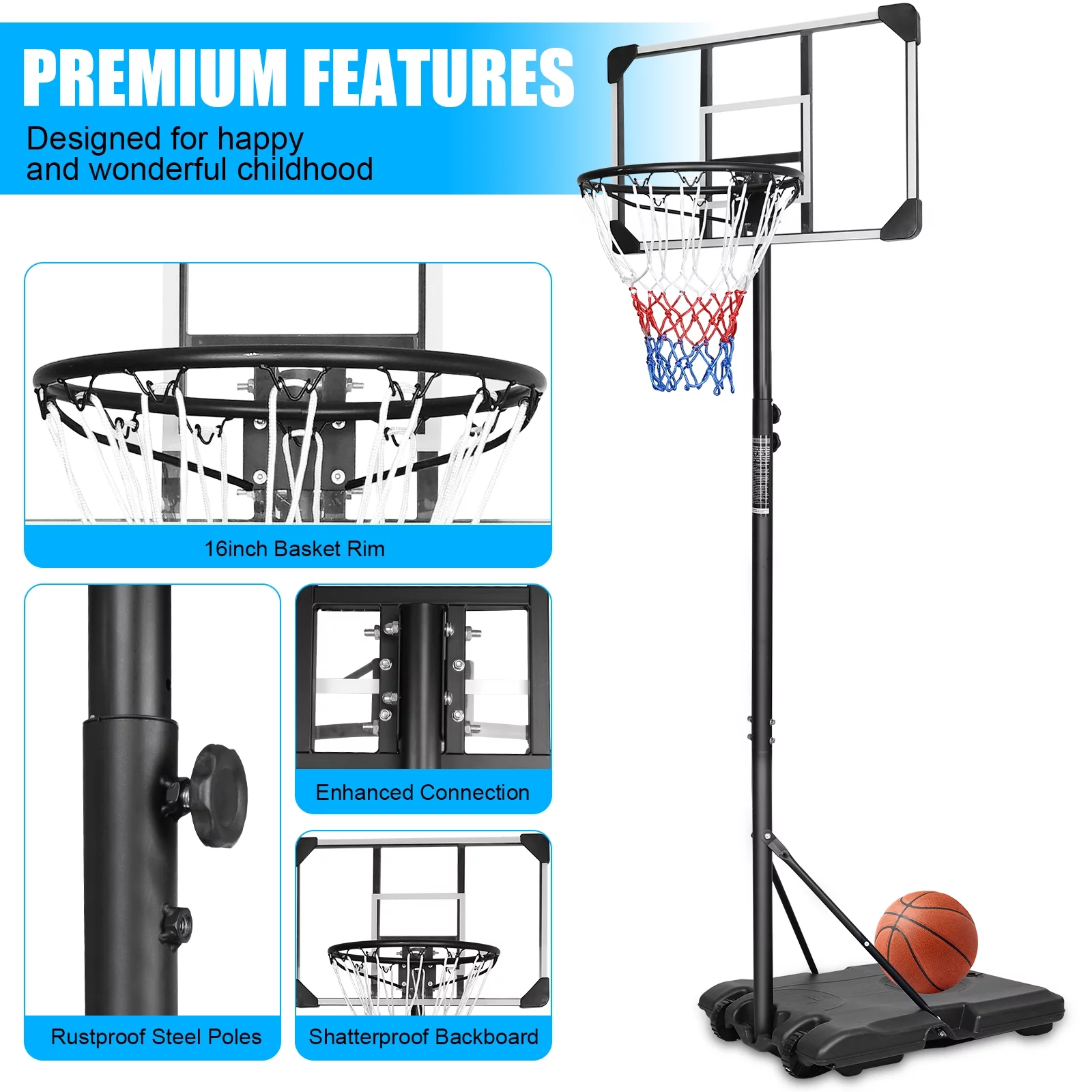 HooKung Portable Basketball Hoops Height Adjustable 5.6ft -7ft Basketball System 28” Backboard with Wheels for Teenagers Youth Indoor Outdoor Use