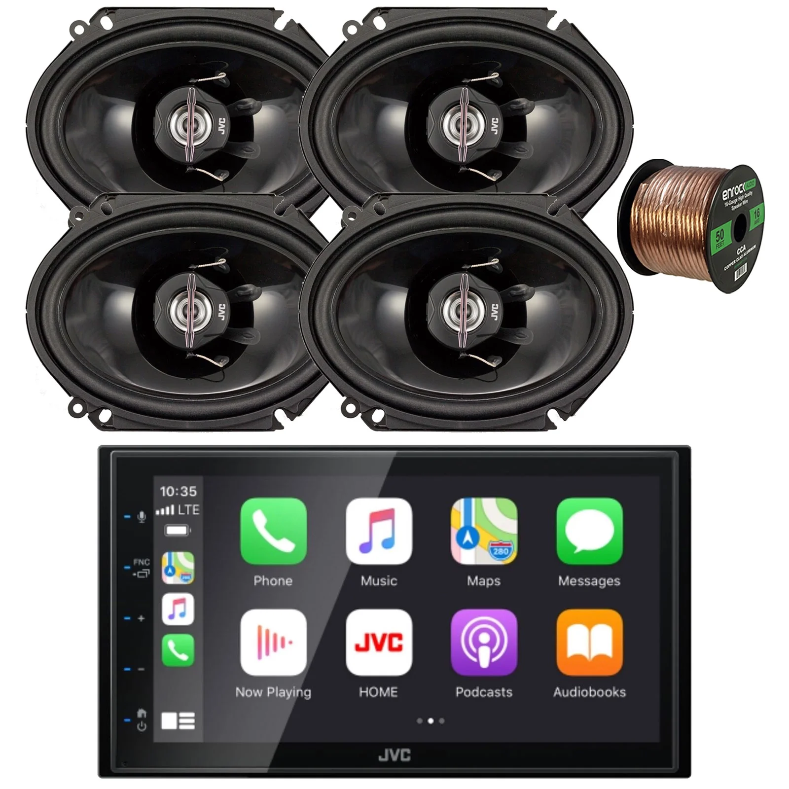 JVC KW-M560BT Double DIN AM/FM Radio Stereo Bluetooth USB Digital Media Car Receiver Bundle Combo with 4x 6″x8″ 250 Watts Max Power 2-Way Coaxial Black Car Audio Speakers and 16G Speaker Wire