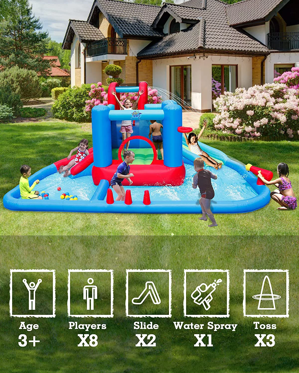 Action Air Water Slide, Inflatable Waterslides and Bouncy Castle All-in-one, Large Pool with 30 Pit Balls & 2 Dart Balls