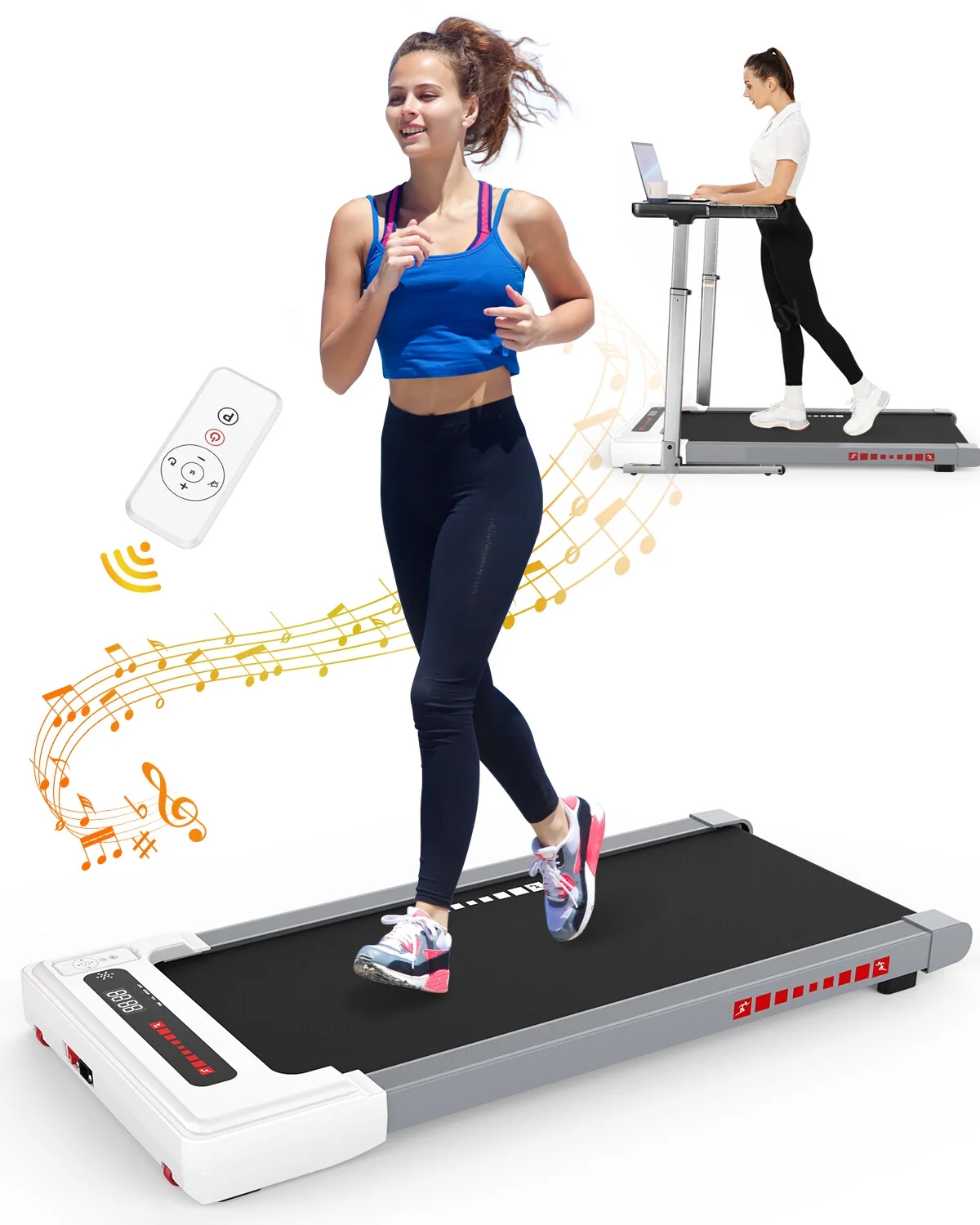 Electric Treadmill, 2.5HP Under Desk MINI Waking Jogging Machine Installation-Free, Remote Control Portable Walking Machine with Bluetooth for Home, Office & Gym