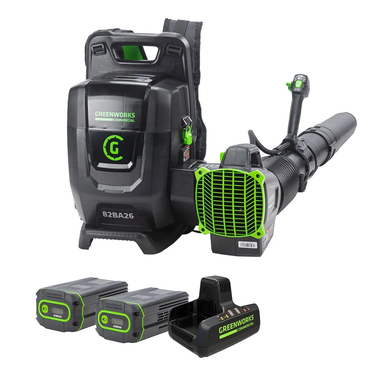 Greenworks Commercial 82V Dual Port Backpack Blower with (2) 5Ah Batteries and One Dual Port Charger, Up to 40 Mins Runtime / 82BA26-52DP