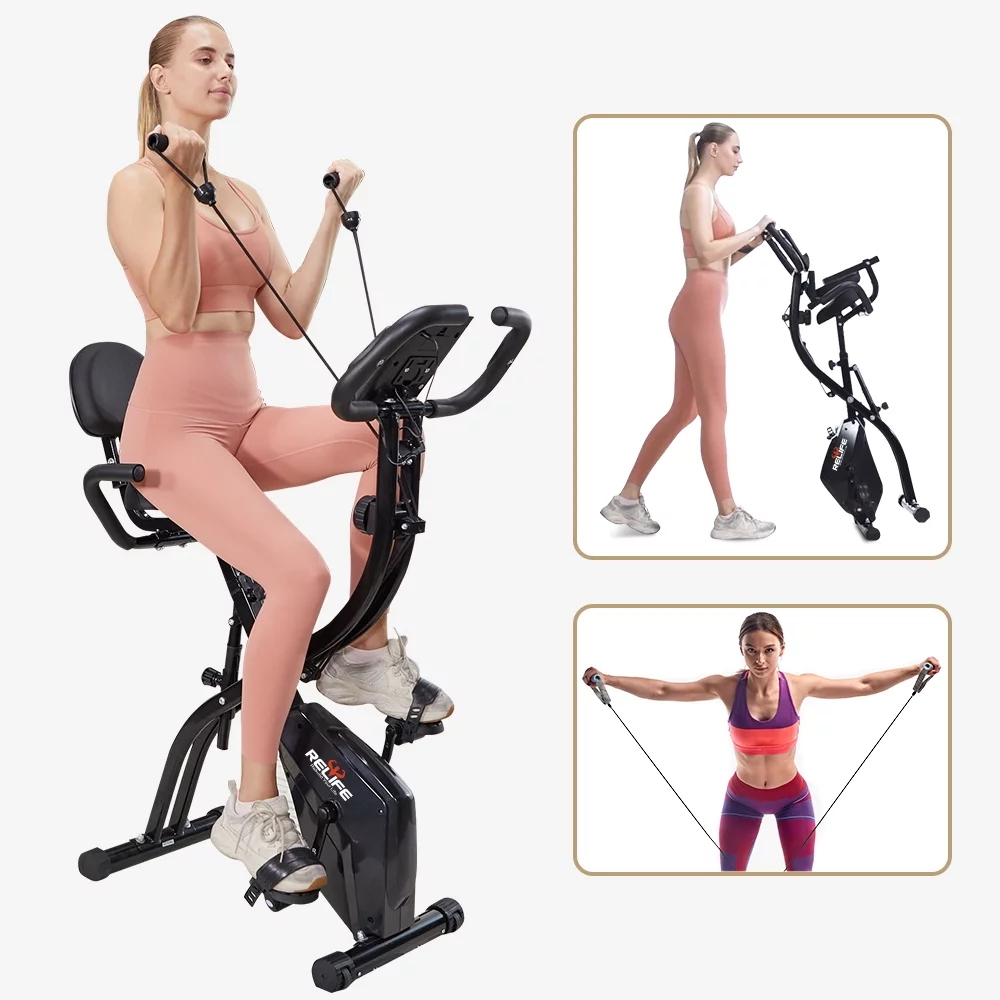 Relife Folding Exercise Bikes 3-in-1 x-Bike Indoor Portable Exercise Bikes, Foldable Stationary Bike with Arm Resistance Band, 53″x16″x9″