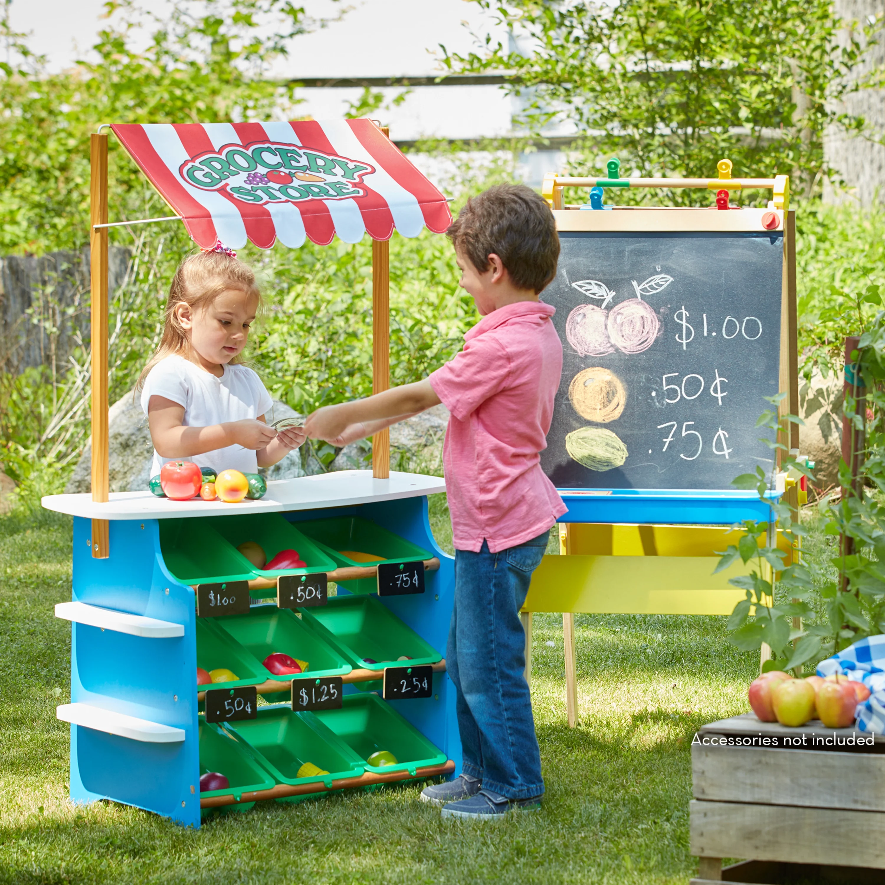 Melissa & Doug Wooden Grocery Store and Lemonade Stand – Reversible Awning, 9 Bins, Chalkboards