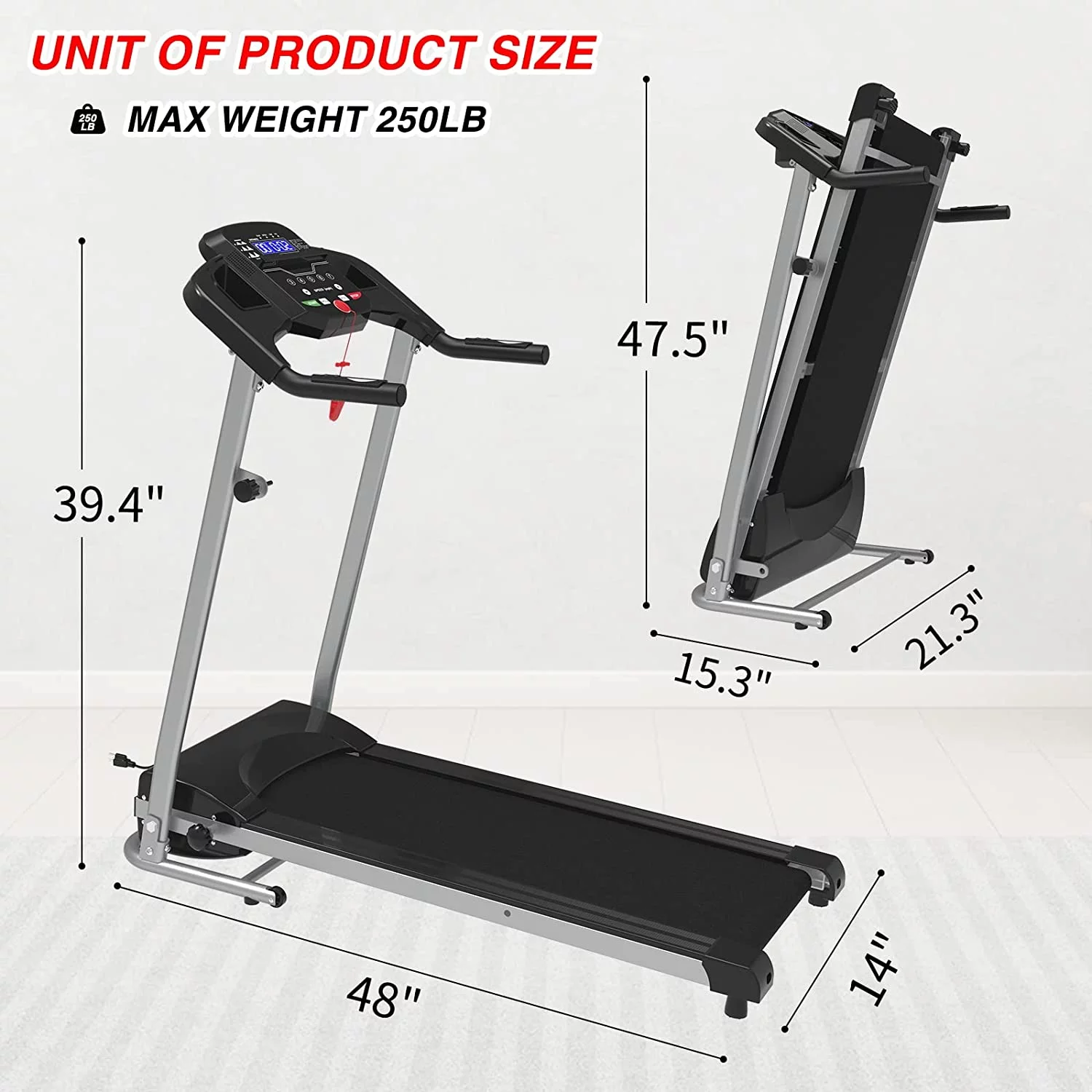 2.25HPPortable Treadmill for Apartment,250LBS Capacity,MP3,Electric Folding Treadmill Machine Adjustable Programs for Home Workout