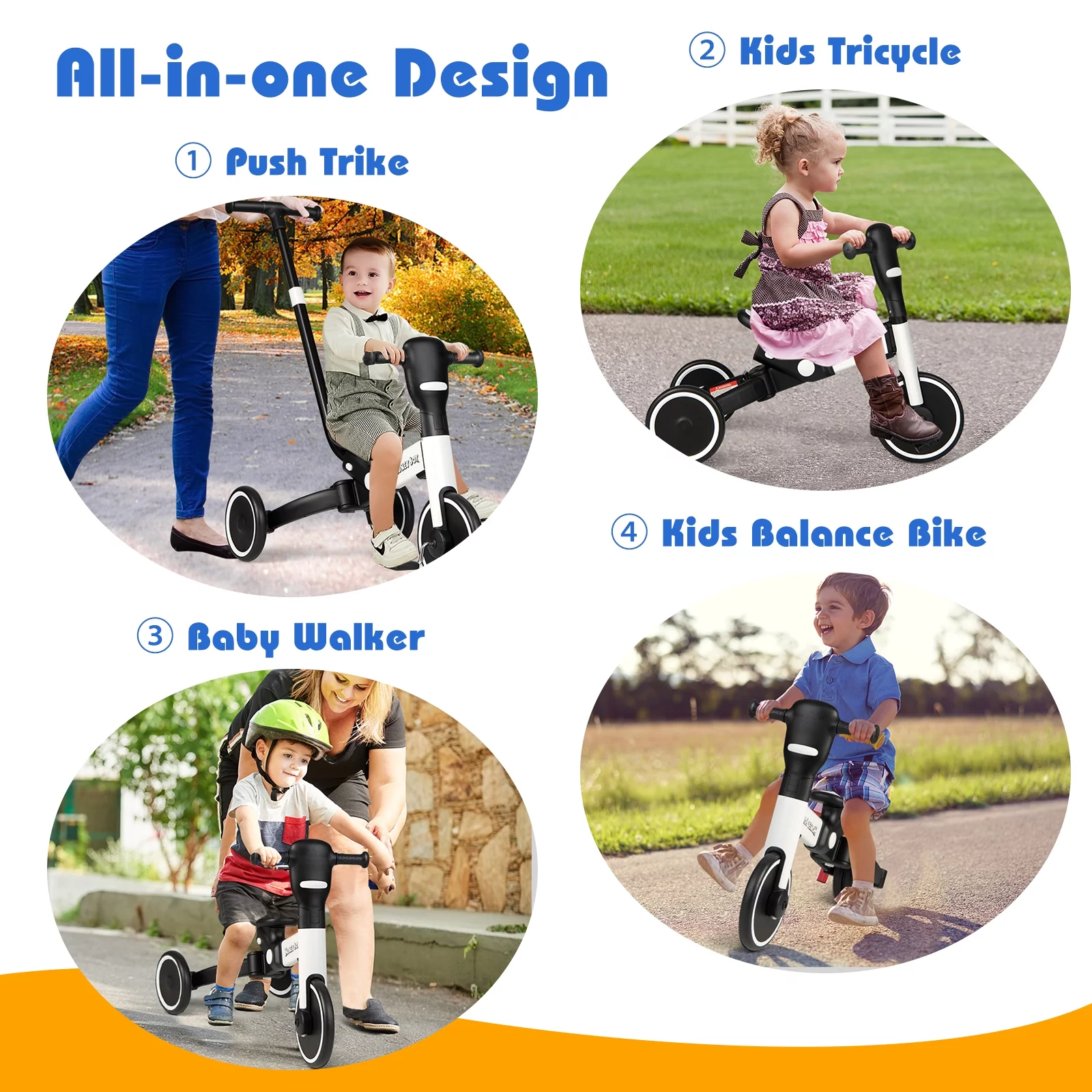 Infans 4-in-1 Kids Tricycle Foldable Toddler Balance Bike with Parent Push Handle White