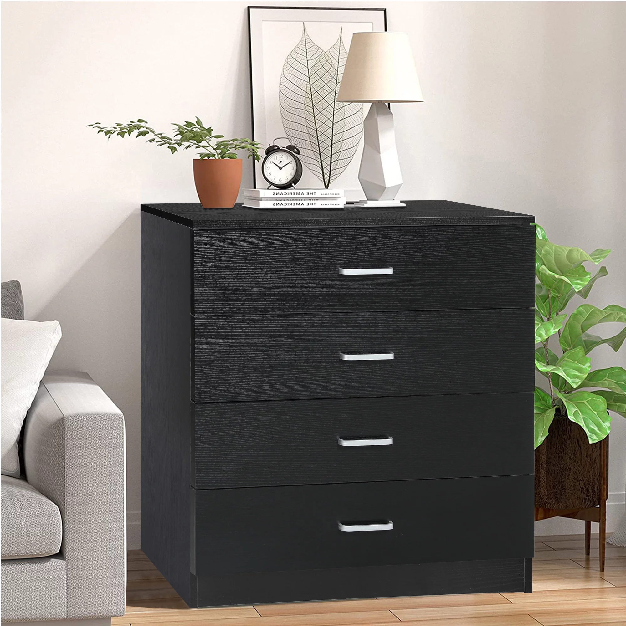 SYNGAR Black 4 Drawer Dresser, Chest of Drawers for Bedroom, Modern Storage Cabinet Dresser Organizer Unit with Handle for Living Room, Closet, Hallway, Nursery