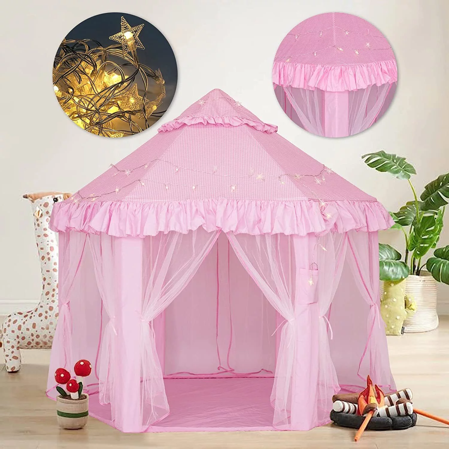 SHANNA Princess Castle Playhouse Tent for Girls with LED Star Lights Indoor & Outdoor Large Kids Play Tent for Imaginative Games