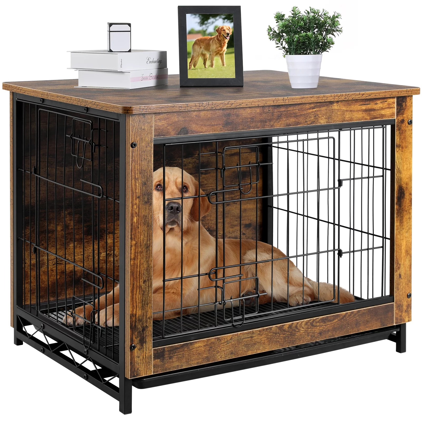 Pirecart Large Dog Crate Furniture Pet Cage Dog Kennel End Table with Double Door, Removable Tray