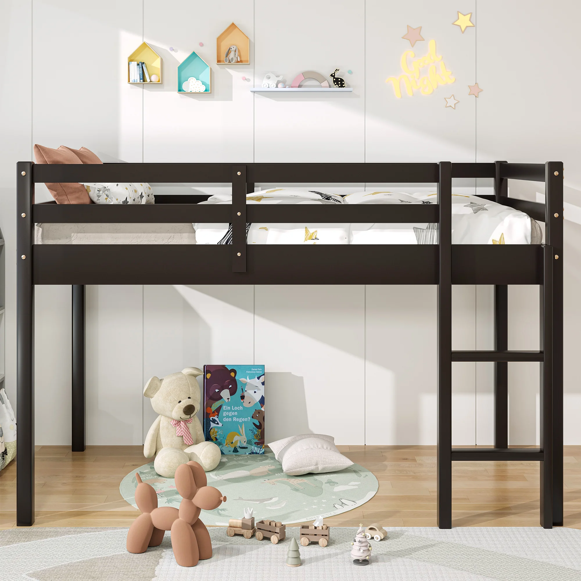 PAPROOS Twin Size Loft Bed, Solid Wood Loft Bed Frame with 14 Wooden Slats, Modern Low Loft Bed for Kids Boys Girls, No Box Spring Needed, White