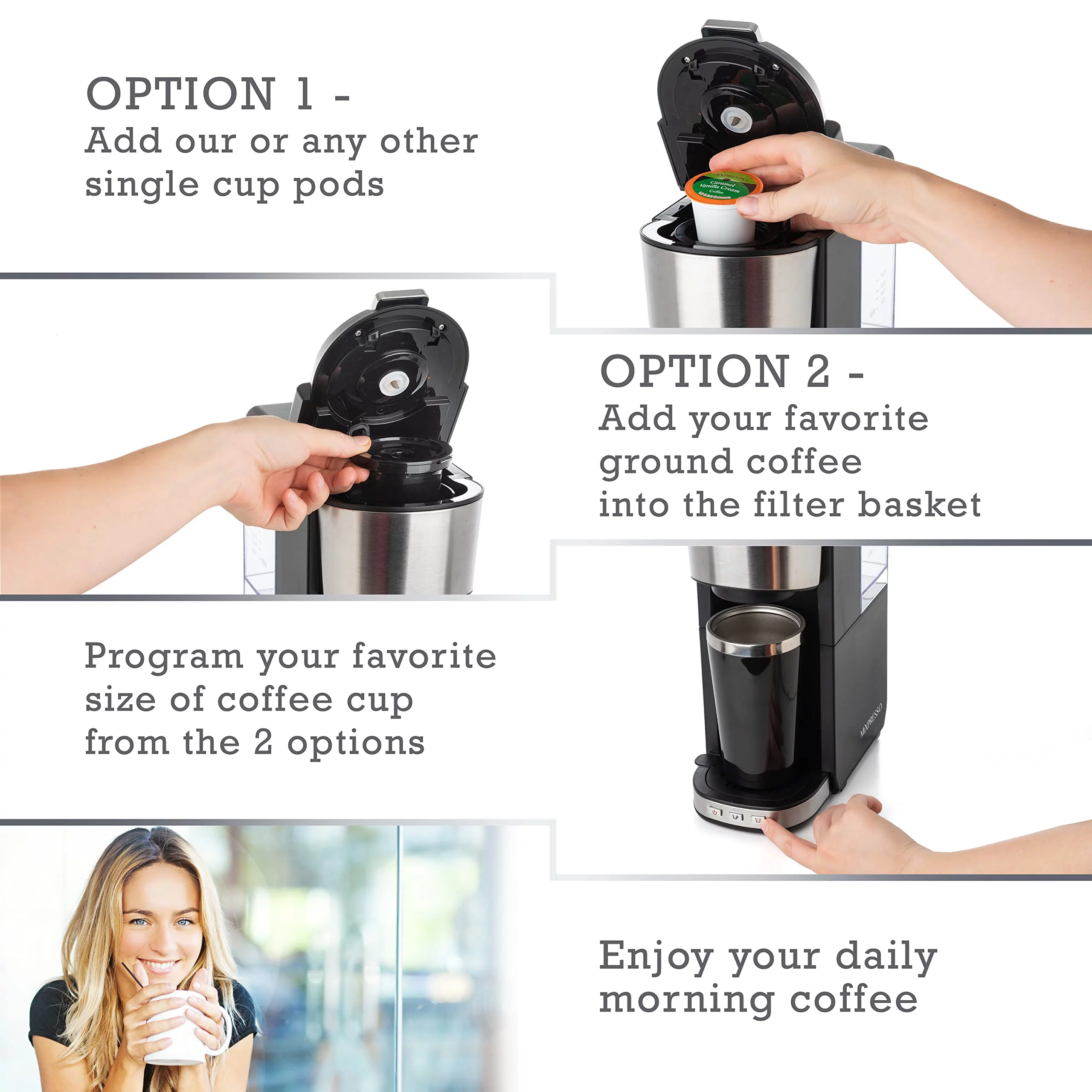 Mixpresso Single Serve Coffee Maker with K Cup Pods, 14oz Travel Mug, Reusable Filter and 30oz Removable Water Tank