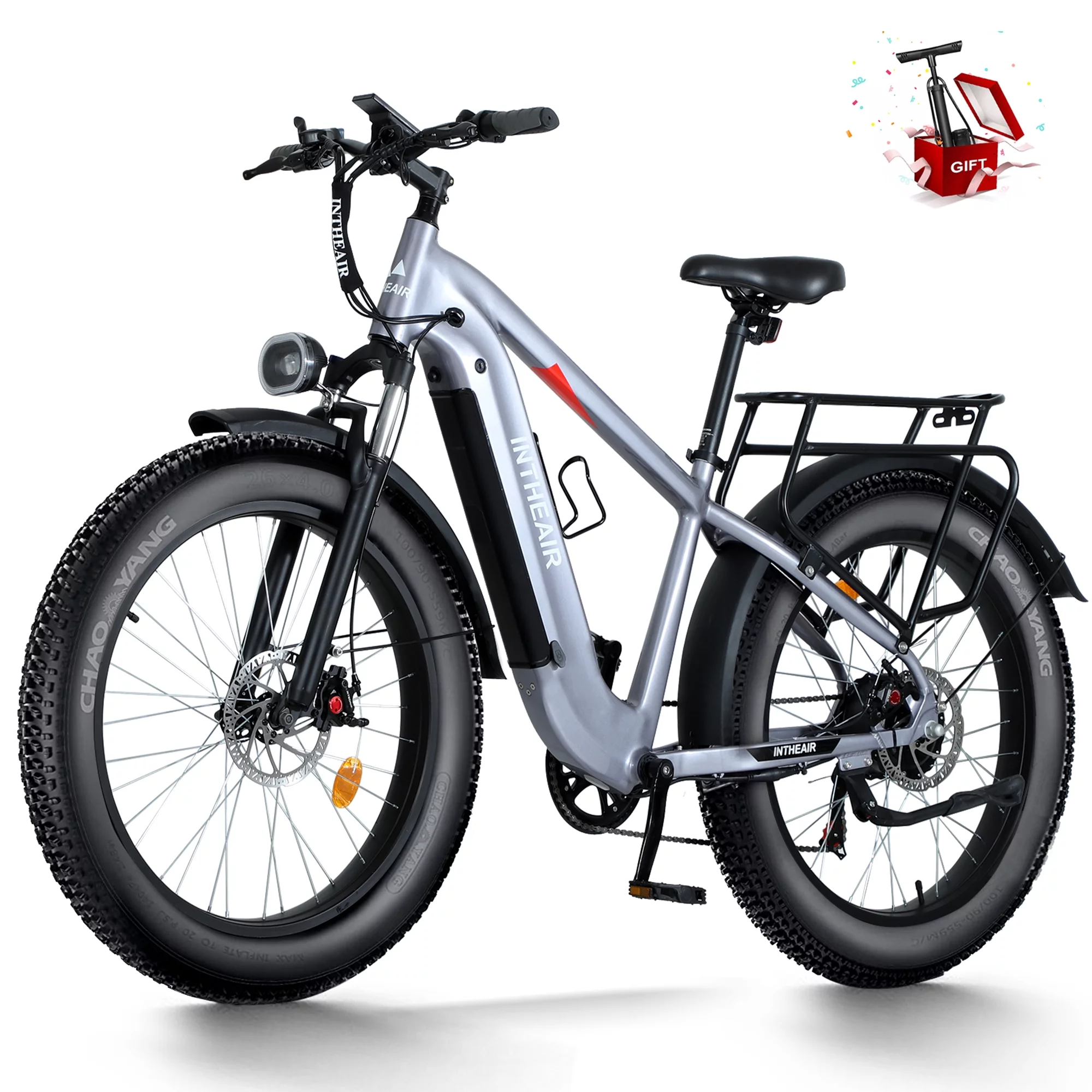 INTHEAIR Rocket Electric Bike for Adults 26″ Fat Tire Ebike 48V 14.5A Electric Mountain Bike with 750W Motor, Lockable Front Fork, Shimano 7-Speed Electric Bicycle for Snow Beach-Blue