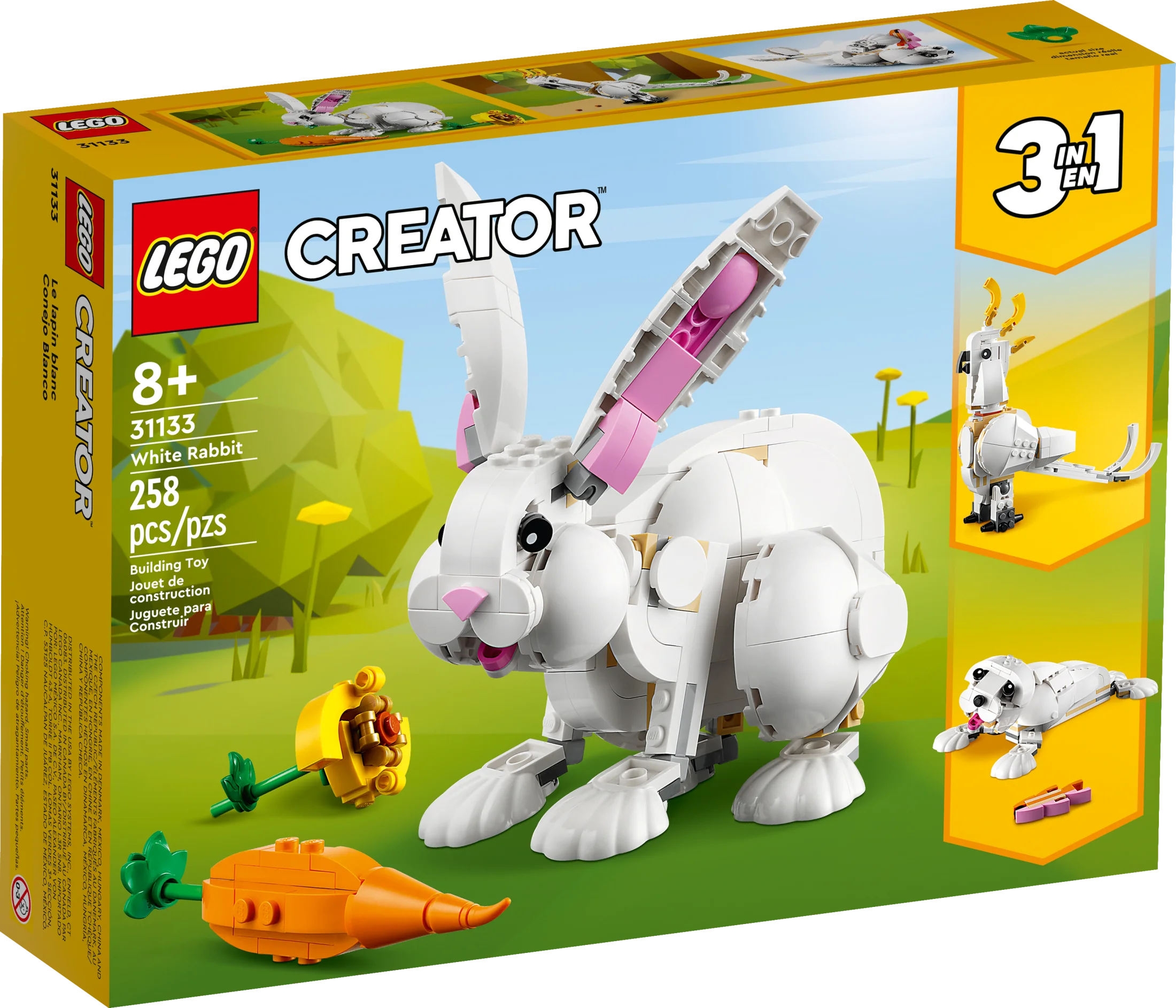 LEGO Creator 3 in 1 White Rabbit Animal Toy Building Set, STEM Toy for Kids 8+, Transforms from Bunny to Seal to Parrot Figures, Creative Play Building Toy for Boys and Girls, 31133